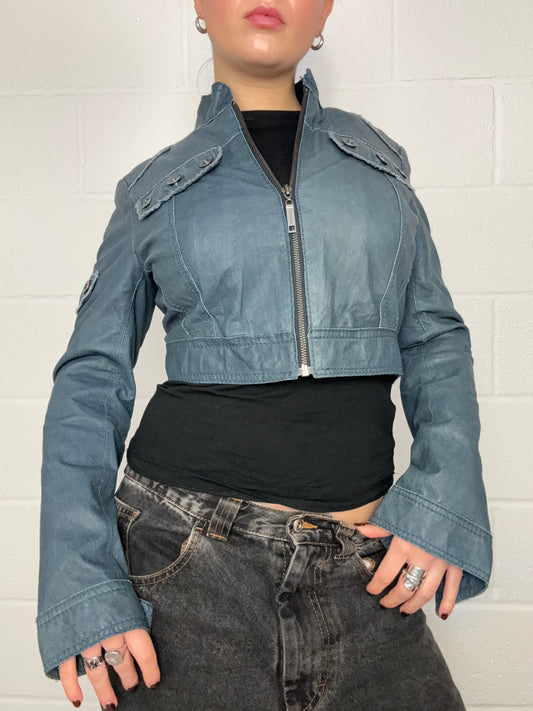 Blue Leather Cropped Jacket (UK12)