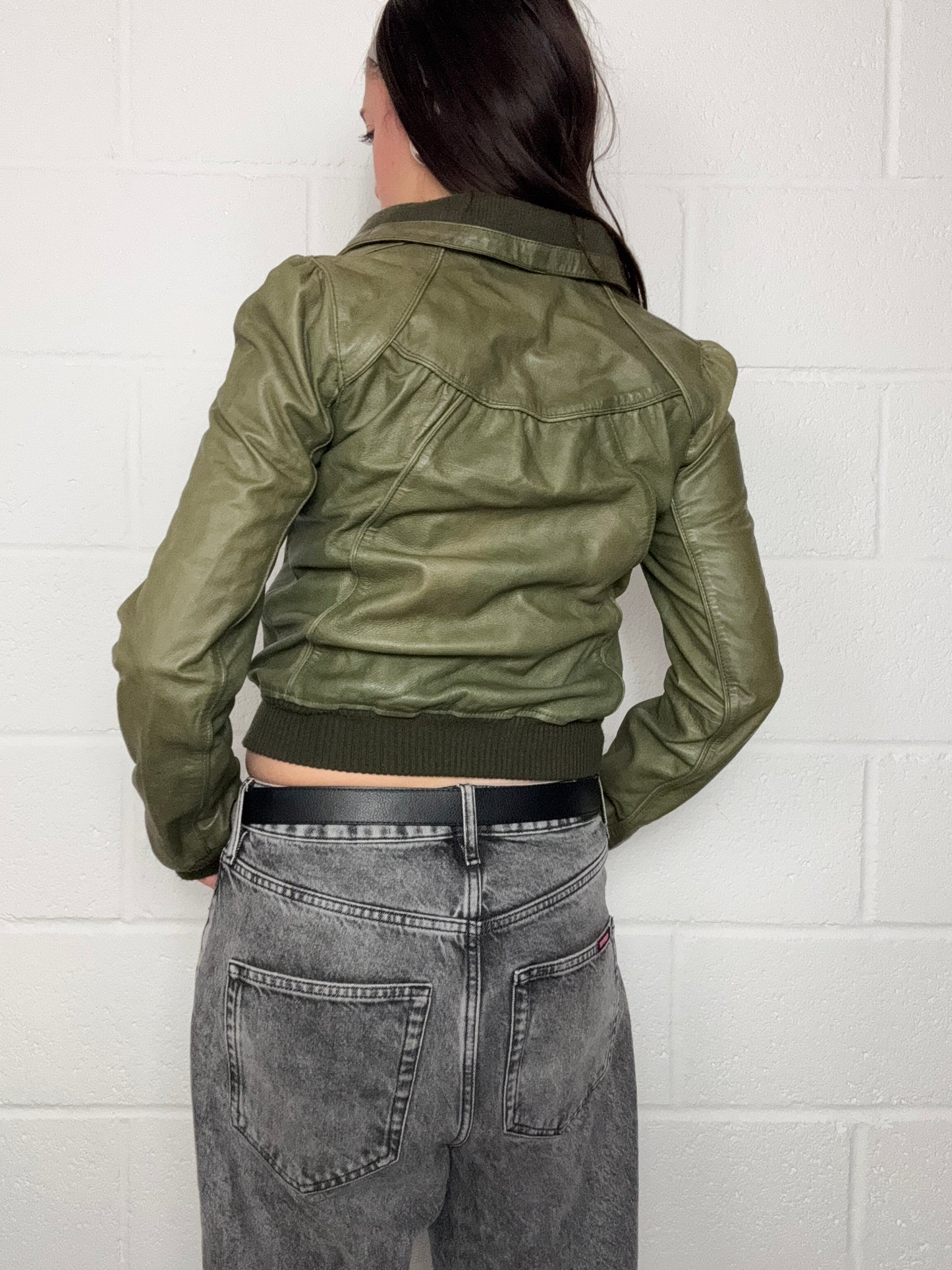 Green Leather Bomber Jacket (UK8)