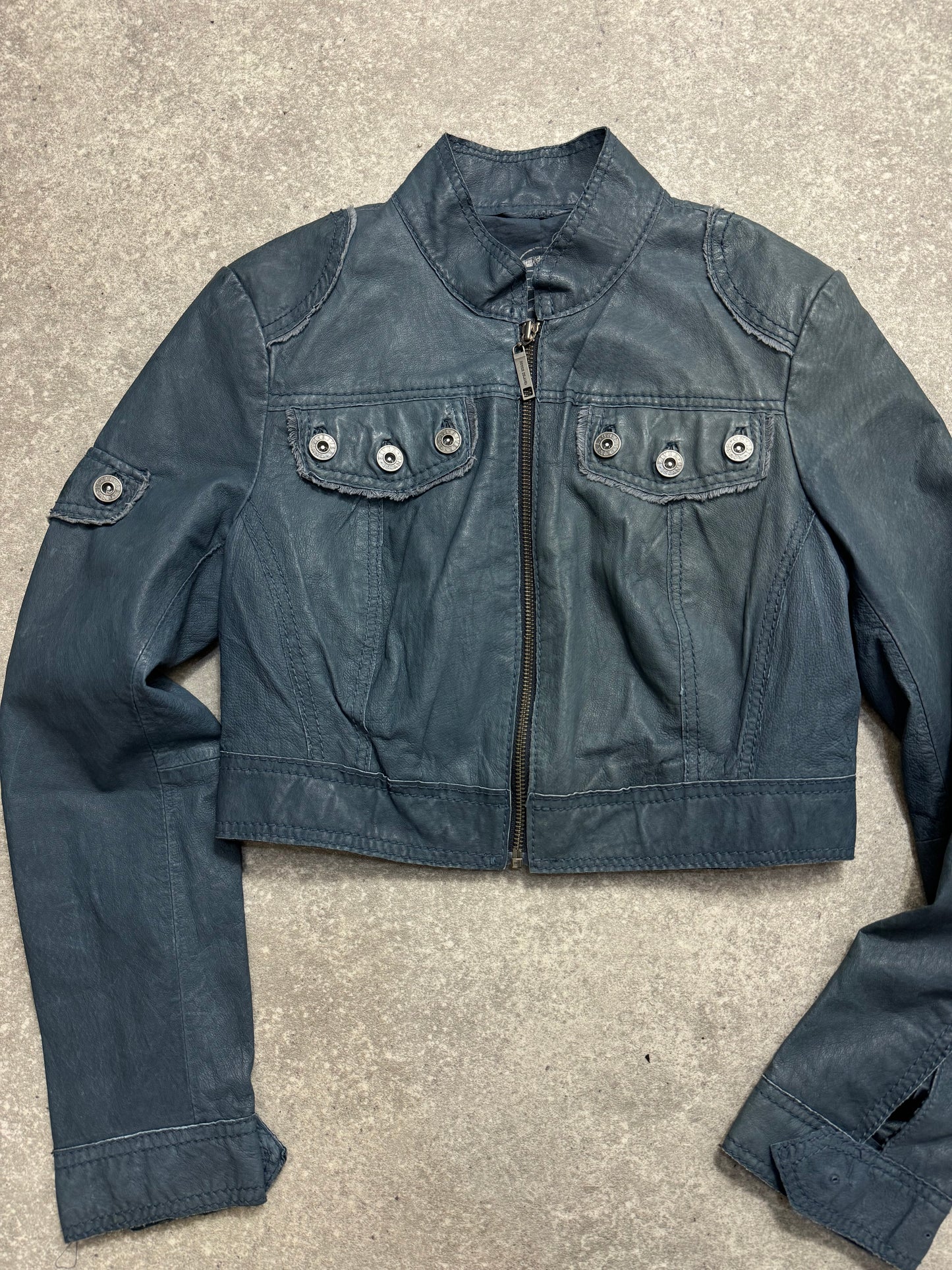 Blue Leather Cropped Jacket (UK12)