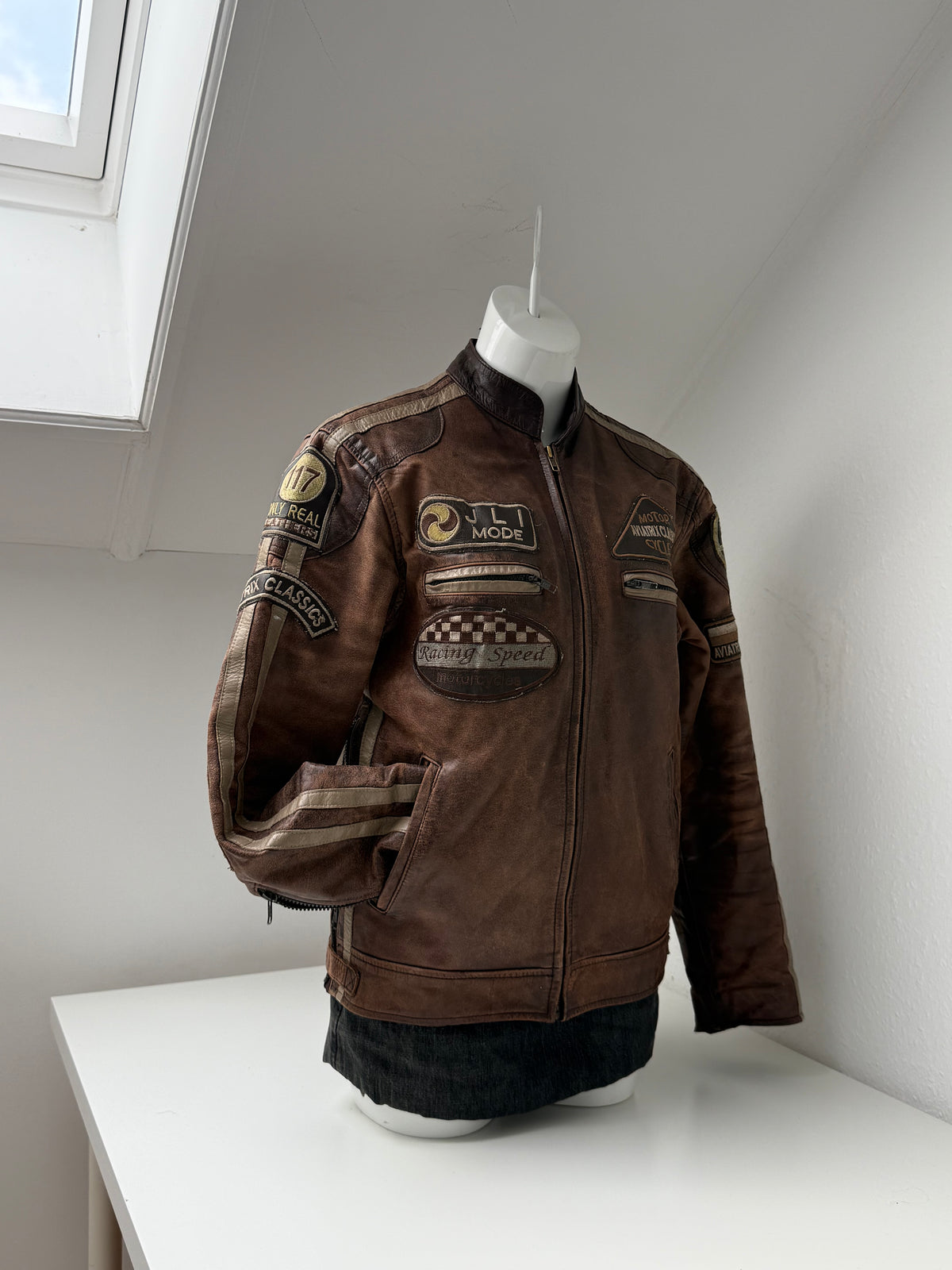 Vintage Leather Racer Biker Jacket (S)