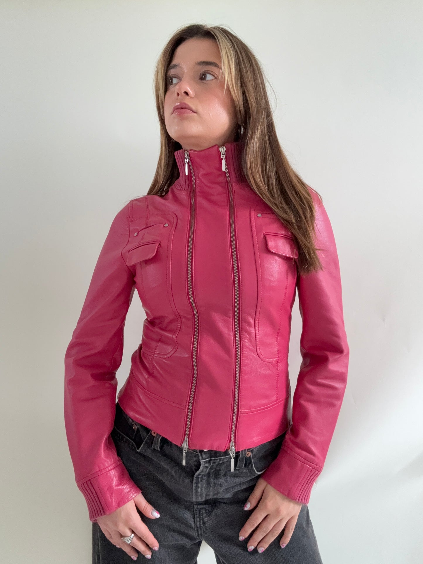 Double Zip Pink Leather Jacket (S)