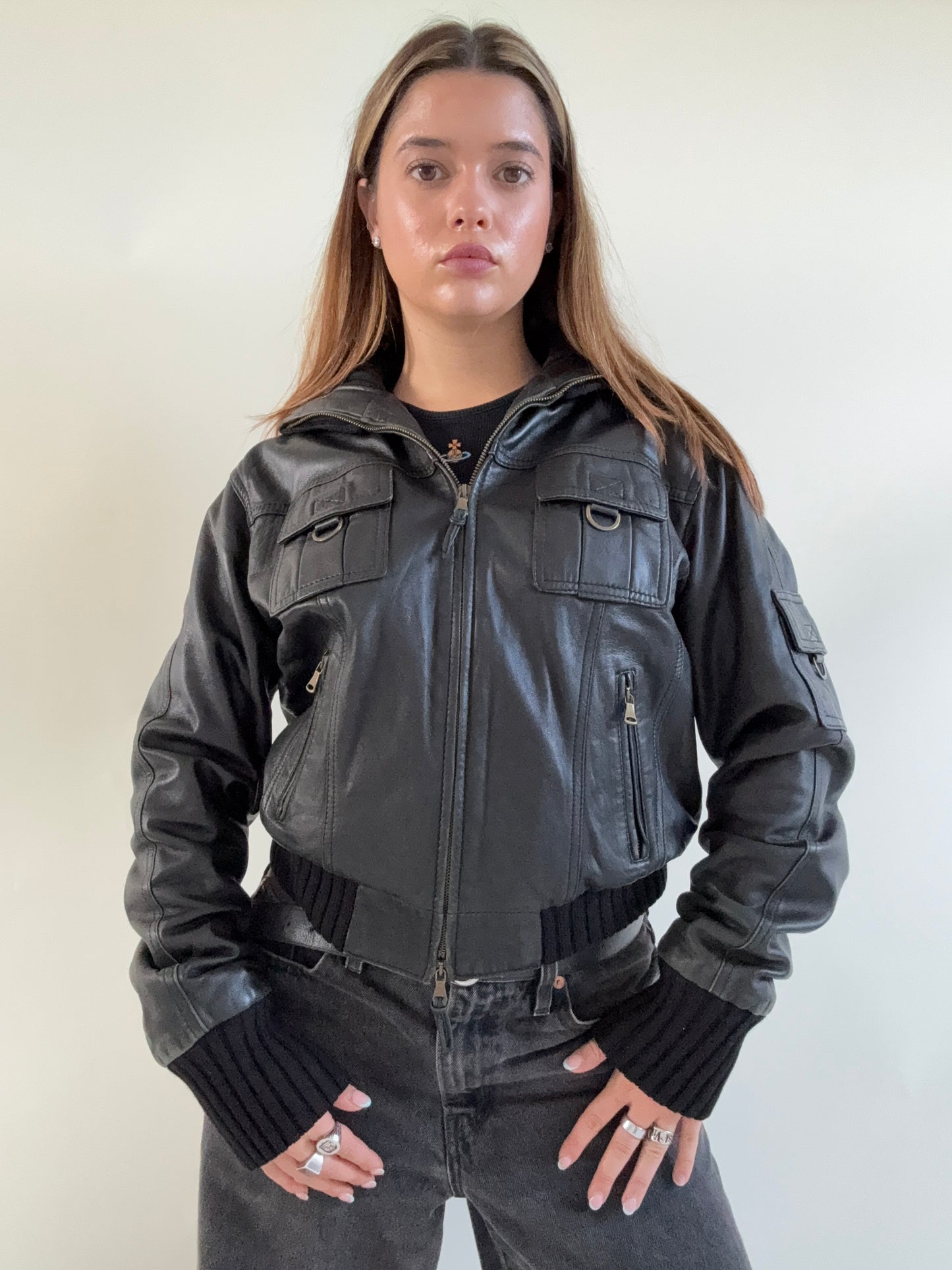 Leather Cargo Bomber Jacket (M)