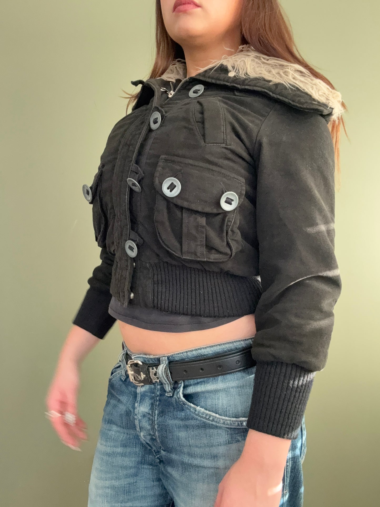 Y2K Cropped Bomber Jacket (XS)