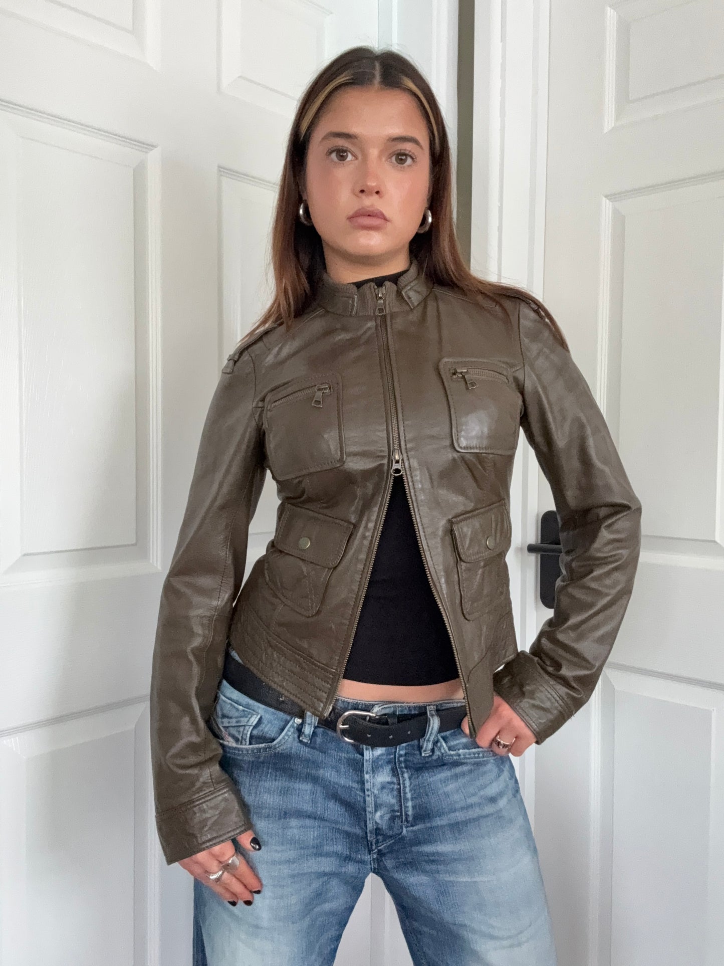 Khaki Leather Cargo Jacket (UK8)