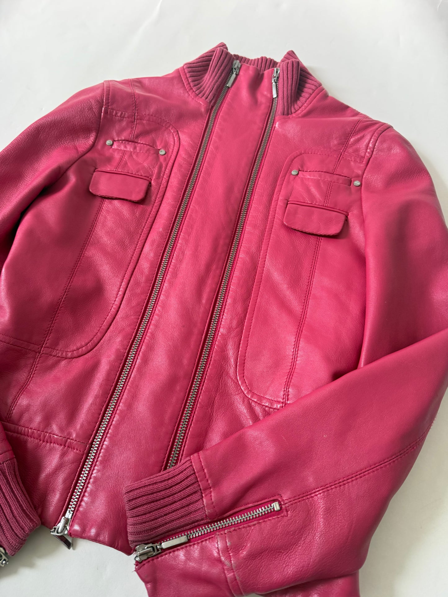 Double Zip Pink Leather Jacket (S)
