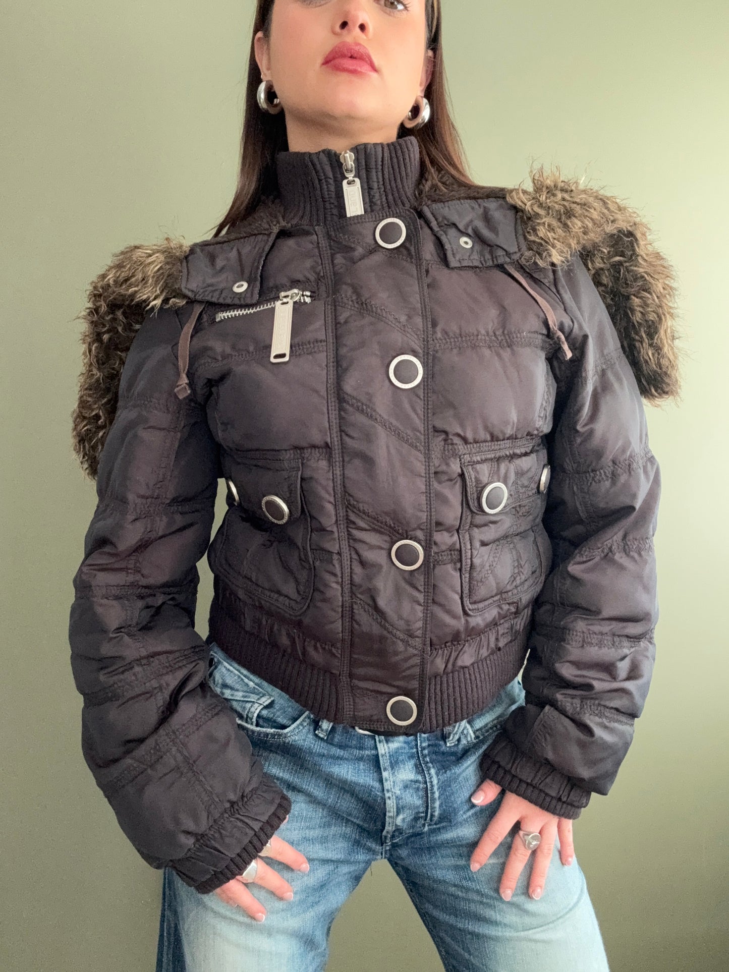 Y2K Brown Puffer Jacket (UK14)