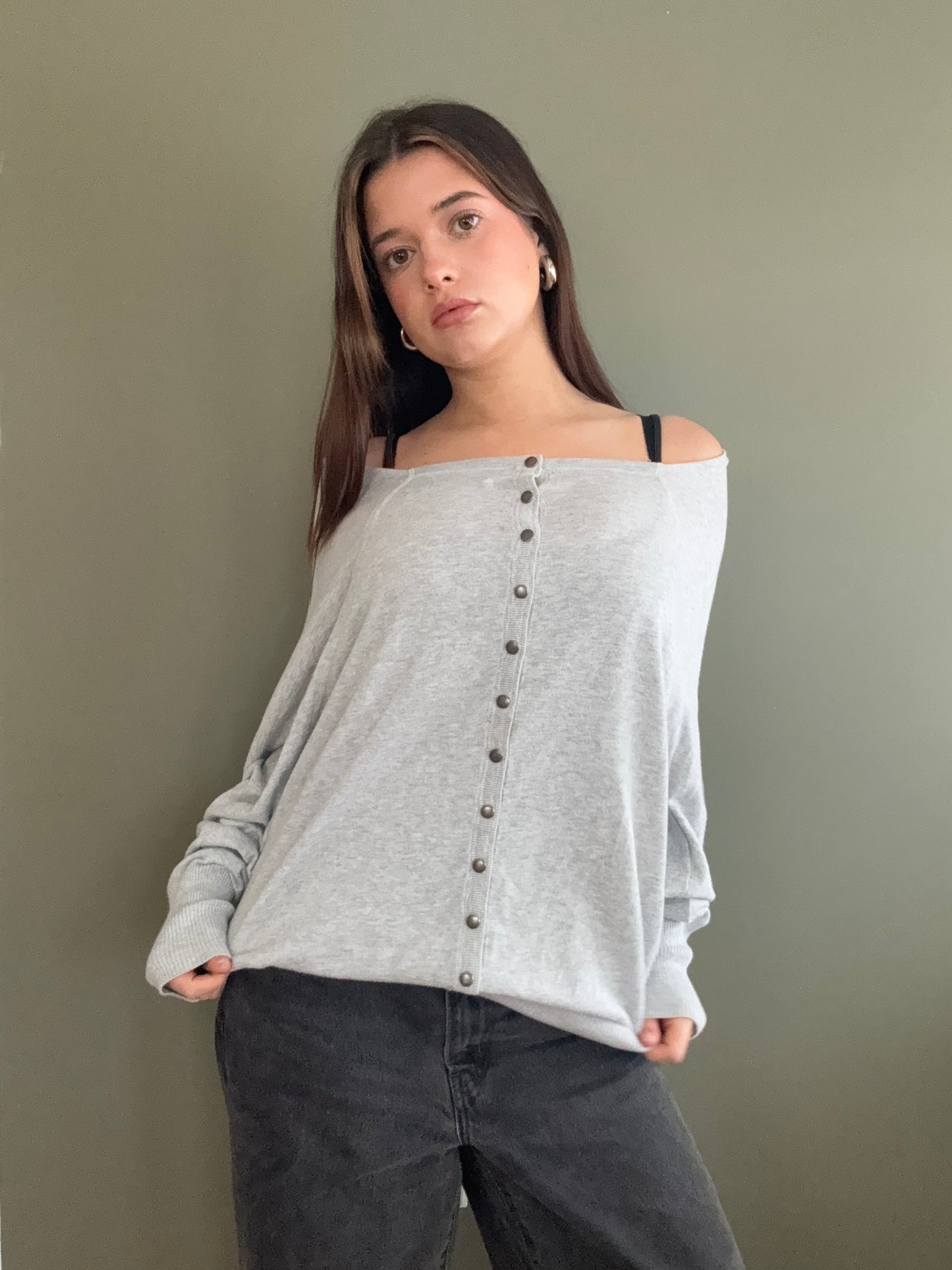 Allsaints Grey Batwing Button Up Jumper (UK10)