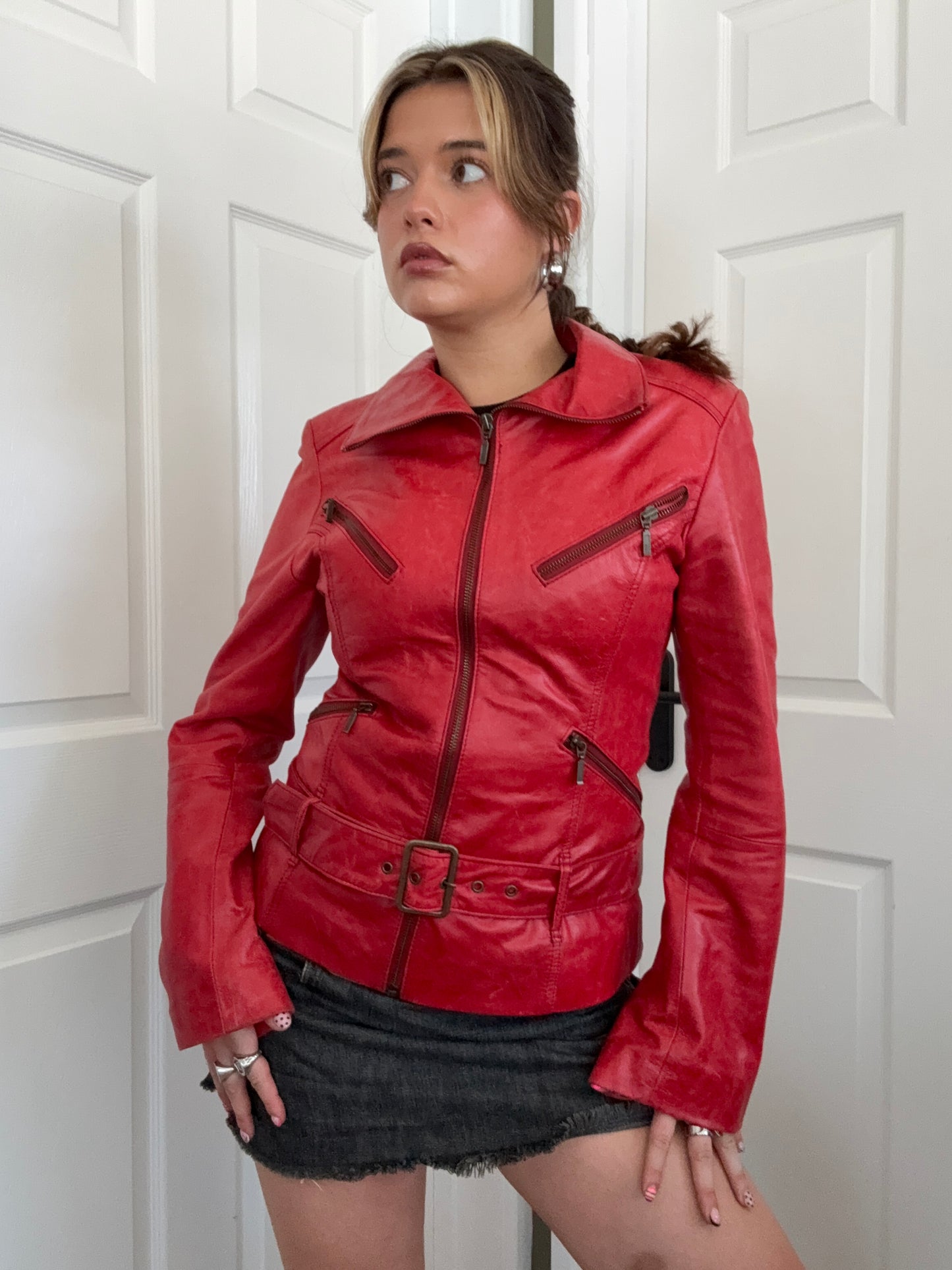 Red Leather Buckle Jacket (UK10)