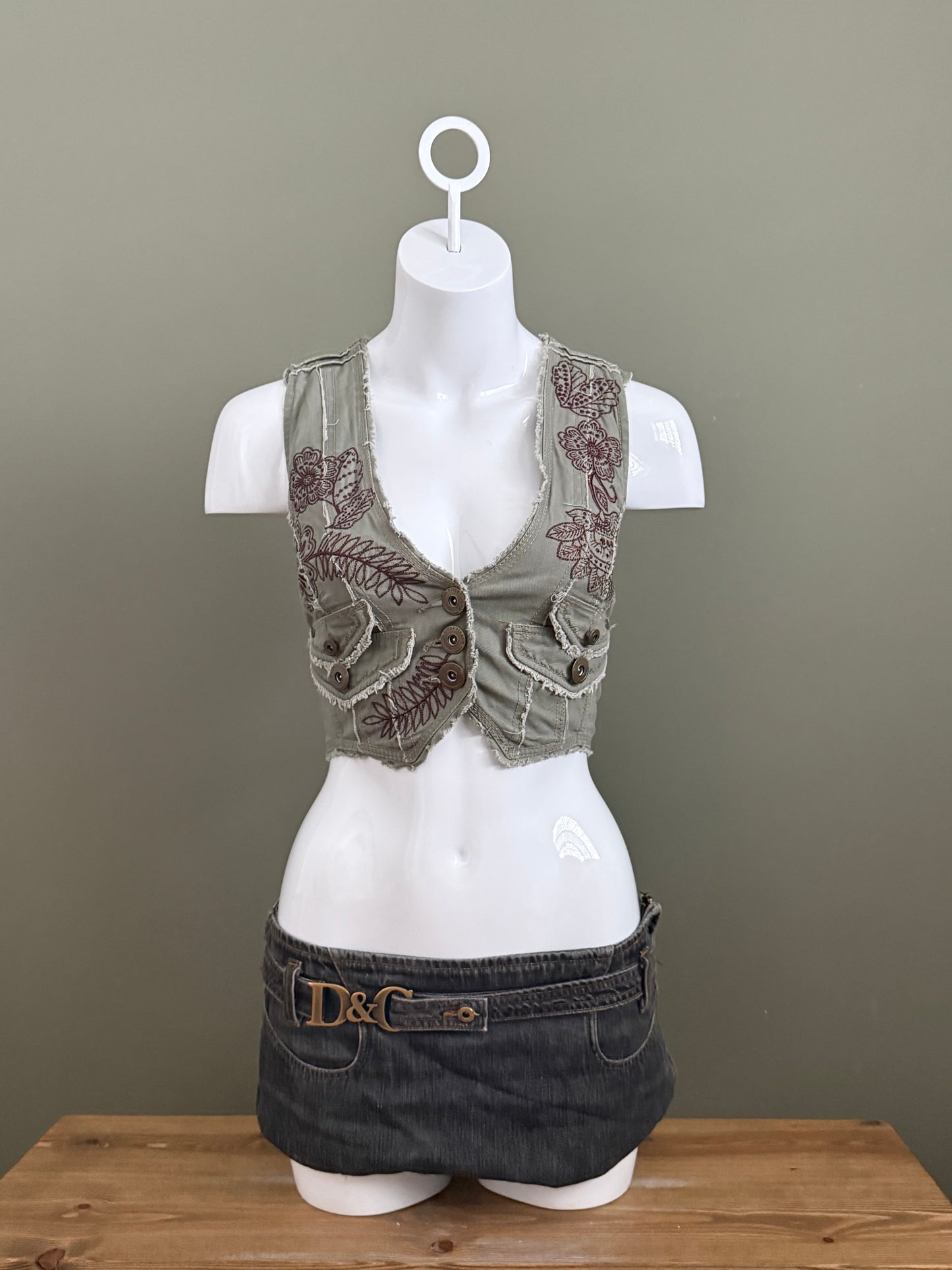 Khaki Cropped Corset Embroidered Waistcoat (UK12)