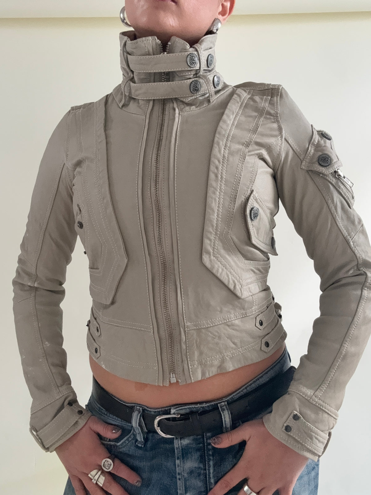 Fitted Leather Cargo Jacket (XS)