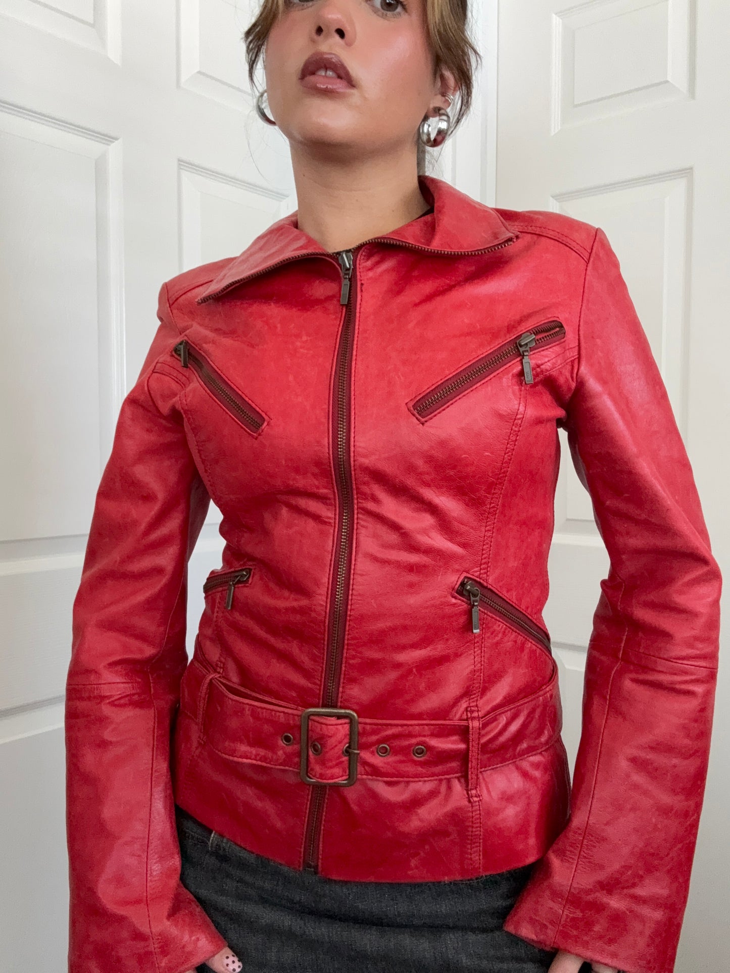 Red Leather Buckle Jacket (UK10)