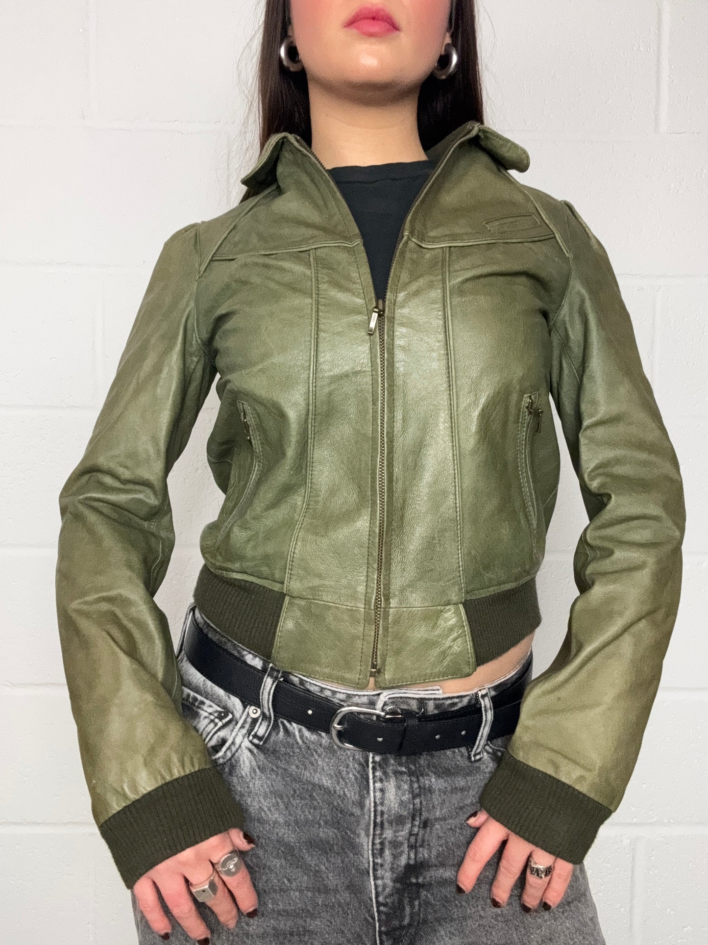 Green Leather Bomber Jacket (UK8)