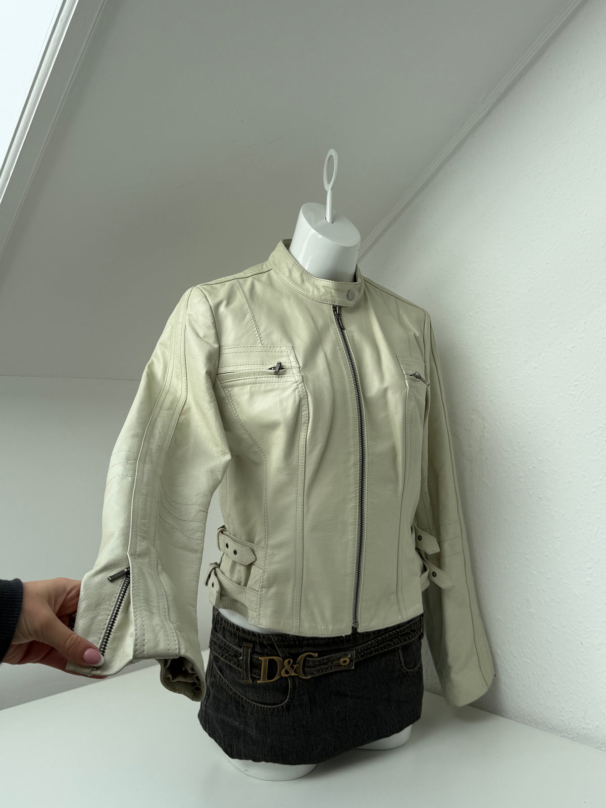 Cream Leather Vintage Buckle Jacket (UK14)