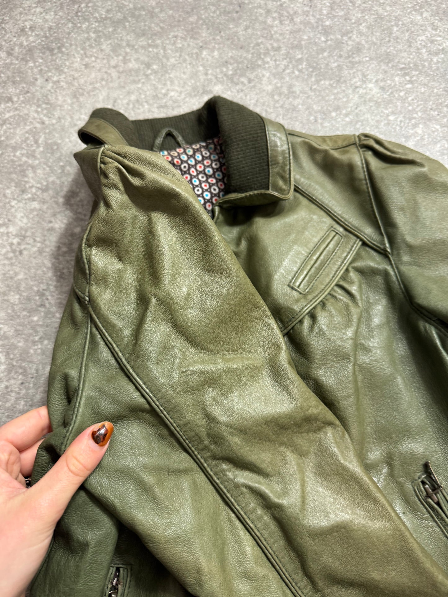 Green Leather Bomber Jacket (UK8)