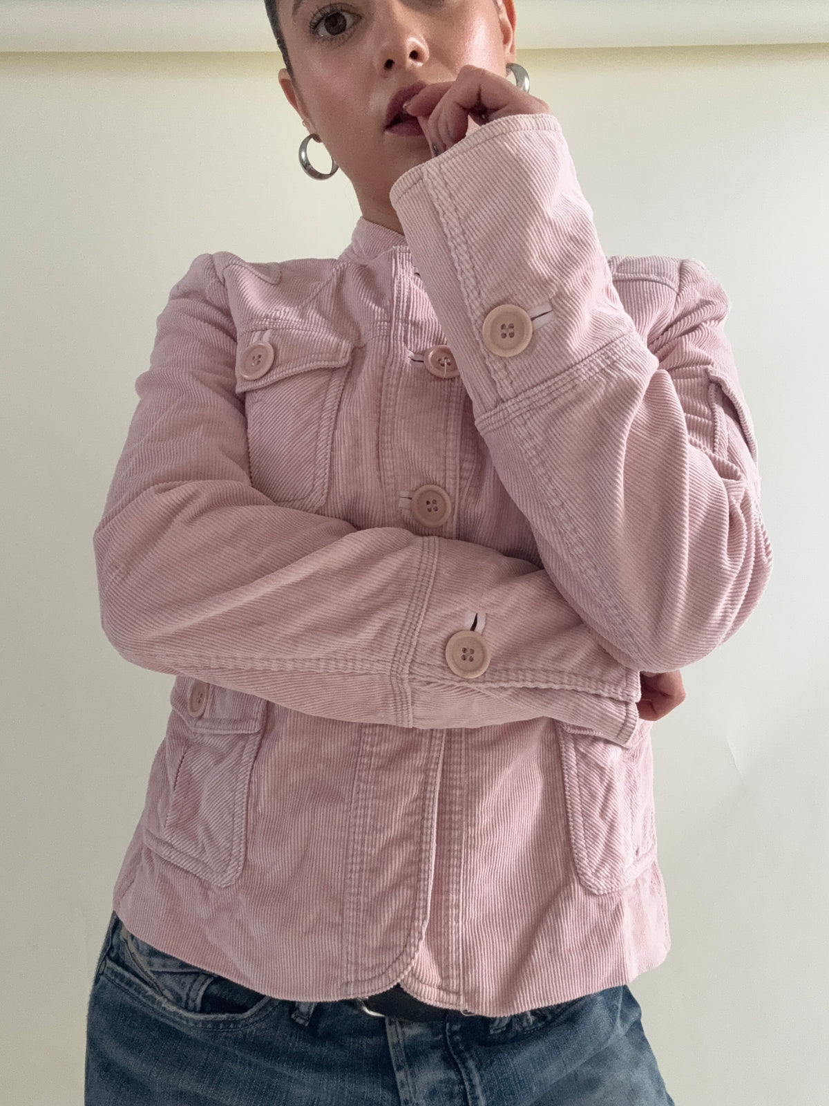 Baby Pink Corduroy Karen Millen Military Jacket (UK12)