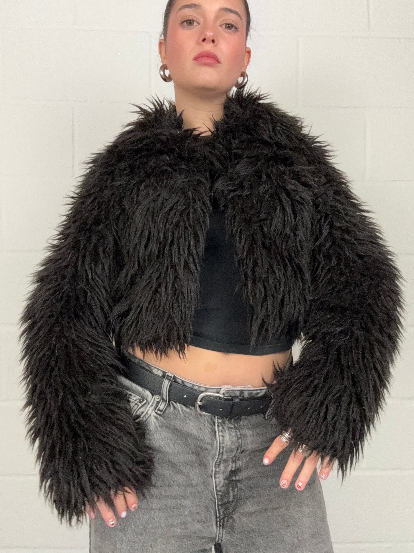 Black Faux Fur Shaggy Jacket (UK10)