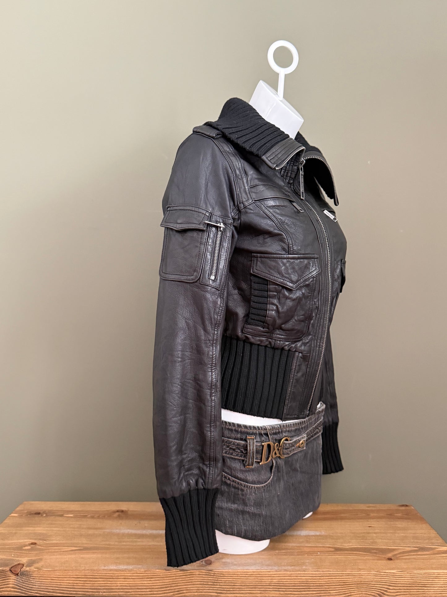 Leather Cargo Bomber Jacket (UK12)