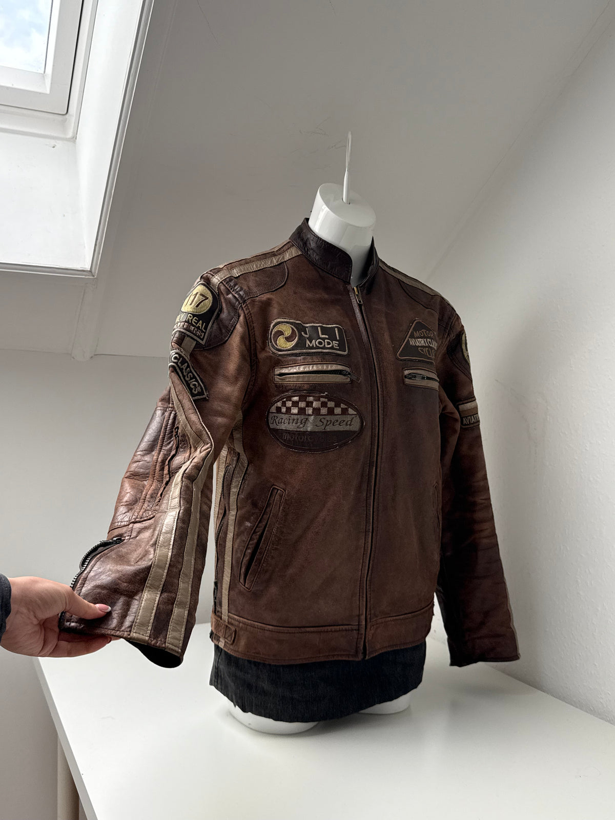 Vintage Leather Racer Biker Jacket (S)