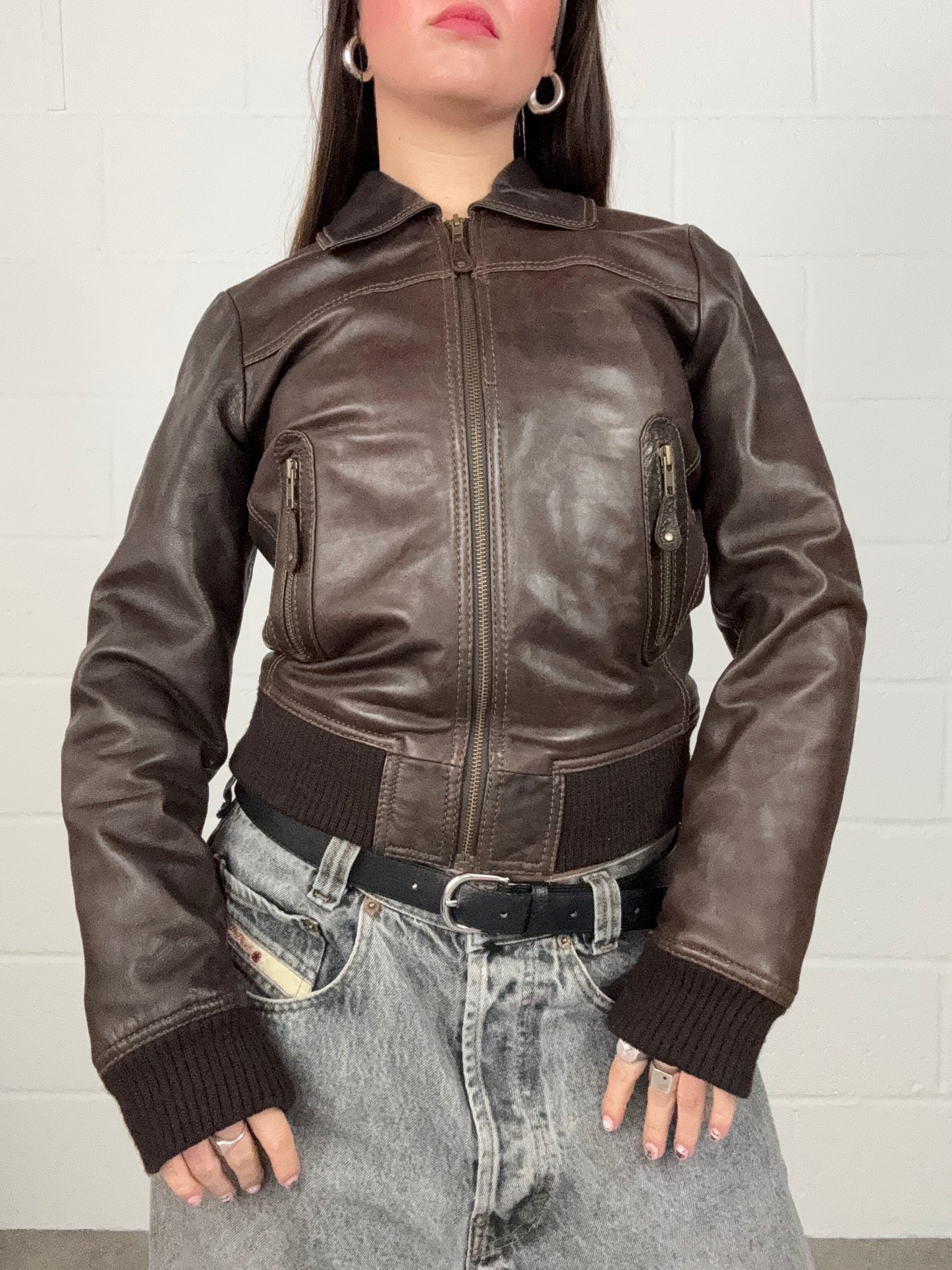 Brown Leather Bomber Jacket (S/M)