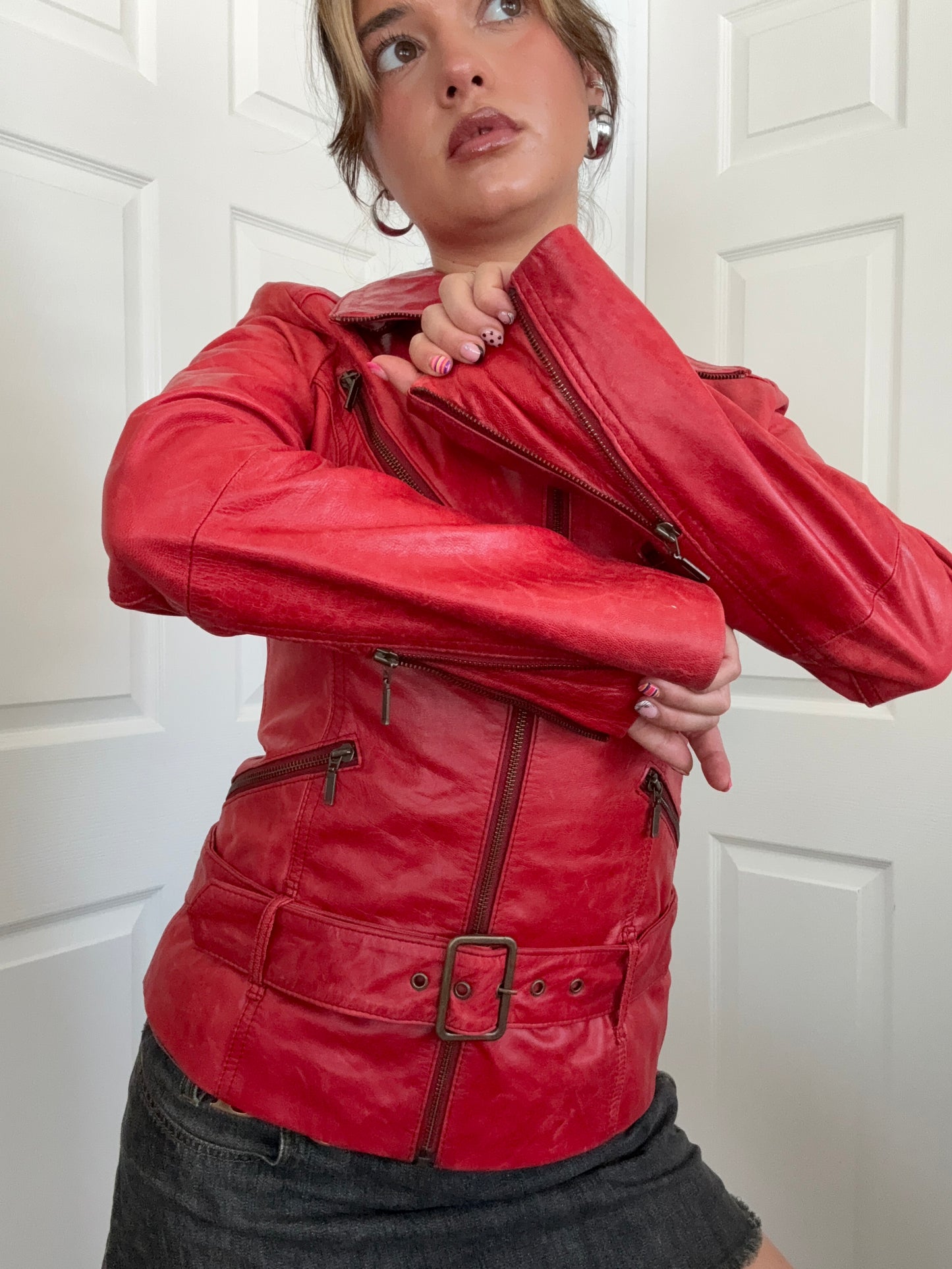 Red Leather Buckle Jacket (UK10)