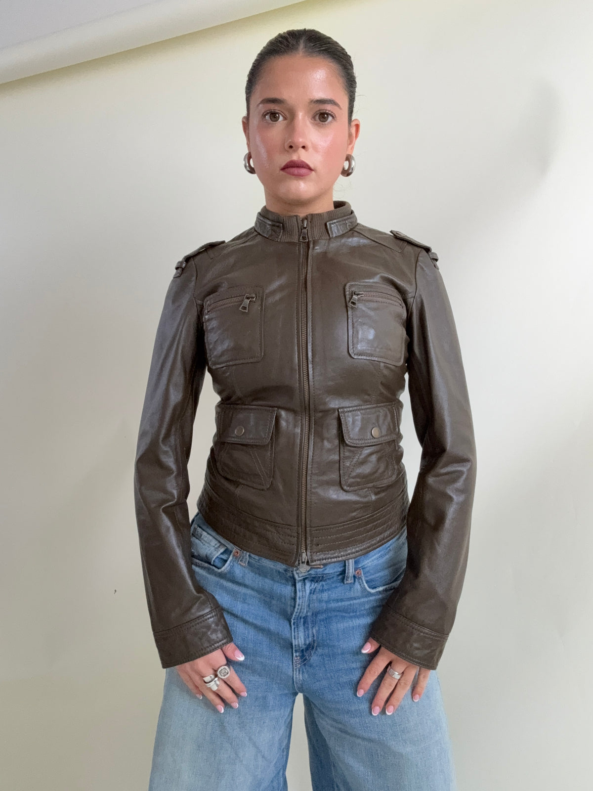 Khaki Leather Cargo Jacket (UK8)