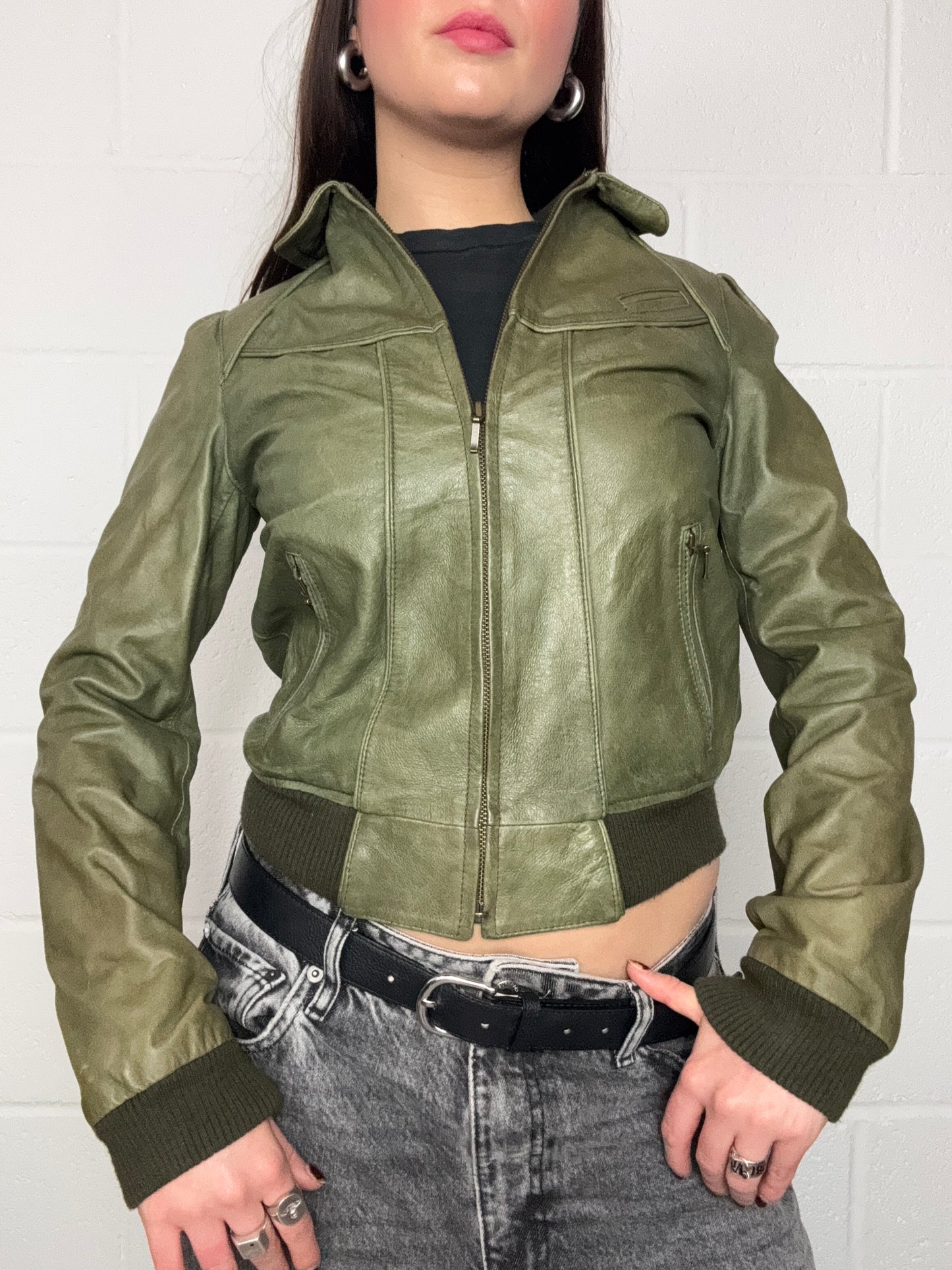 Green Leather Bomber Jacket (UK8)