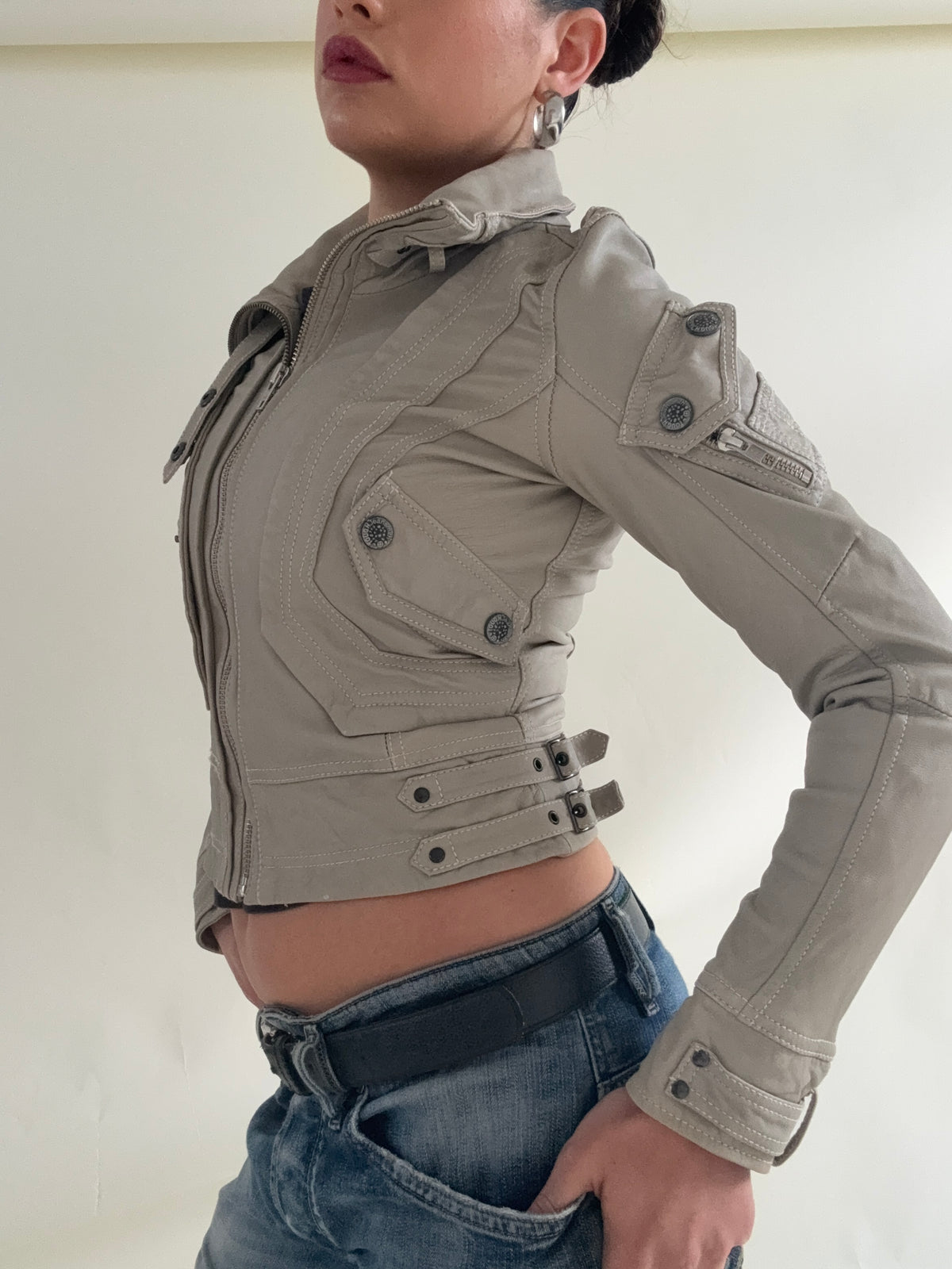 Fitted Leather Cargo Jacket (XS)