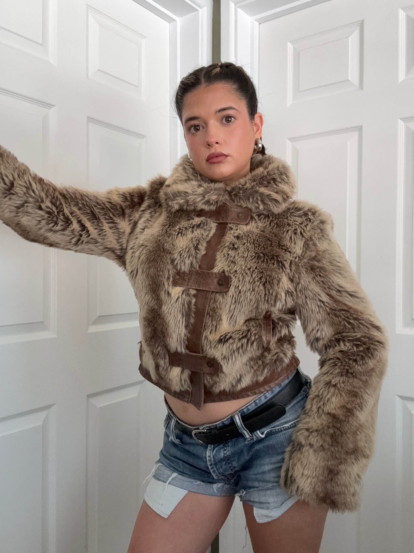 Faux Fur Buckle Bomber Jacket (UK12)