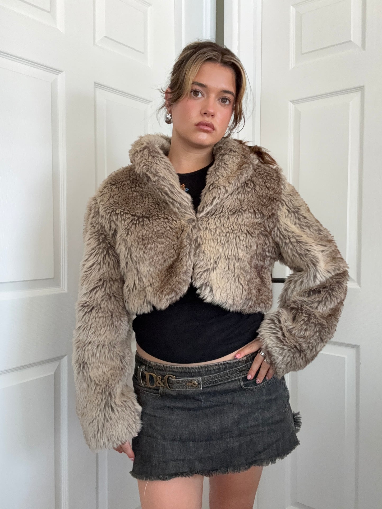 Y2K Faux Fur Cropped Jacket (S)