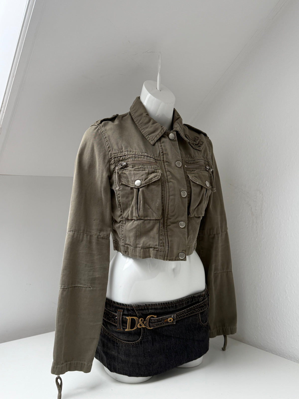Khaki Y2K Cropped Utility Jacket (UK12)