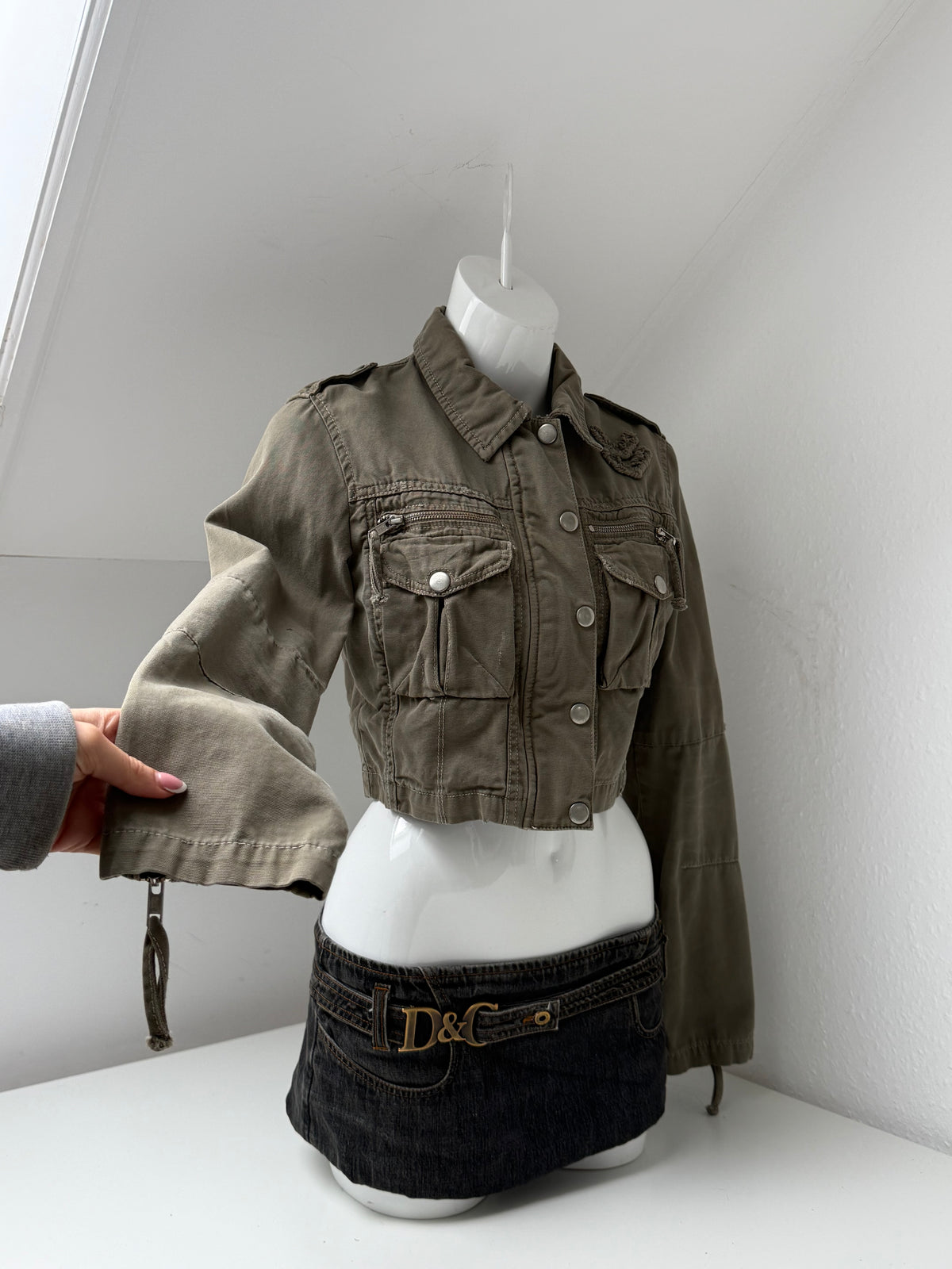 Khaki Y2K Cropped Utility Jacket (UK12)
