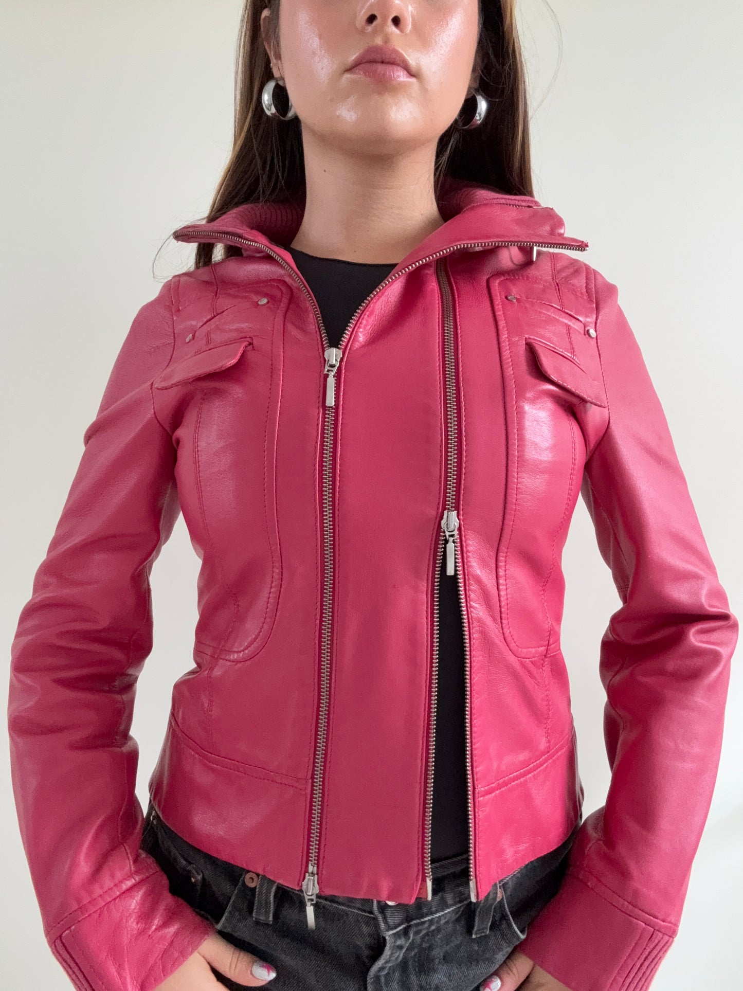 Double Zip Pink Leather Jacket (S)