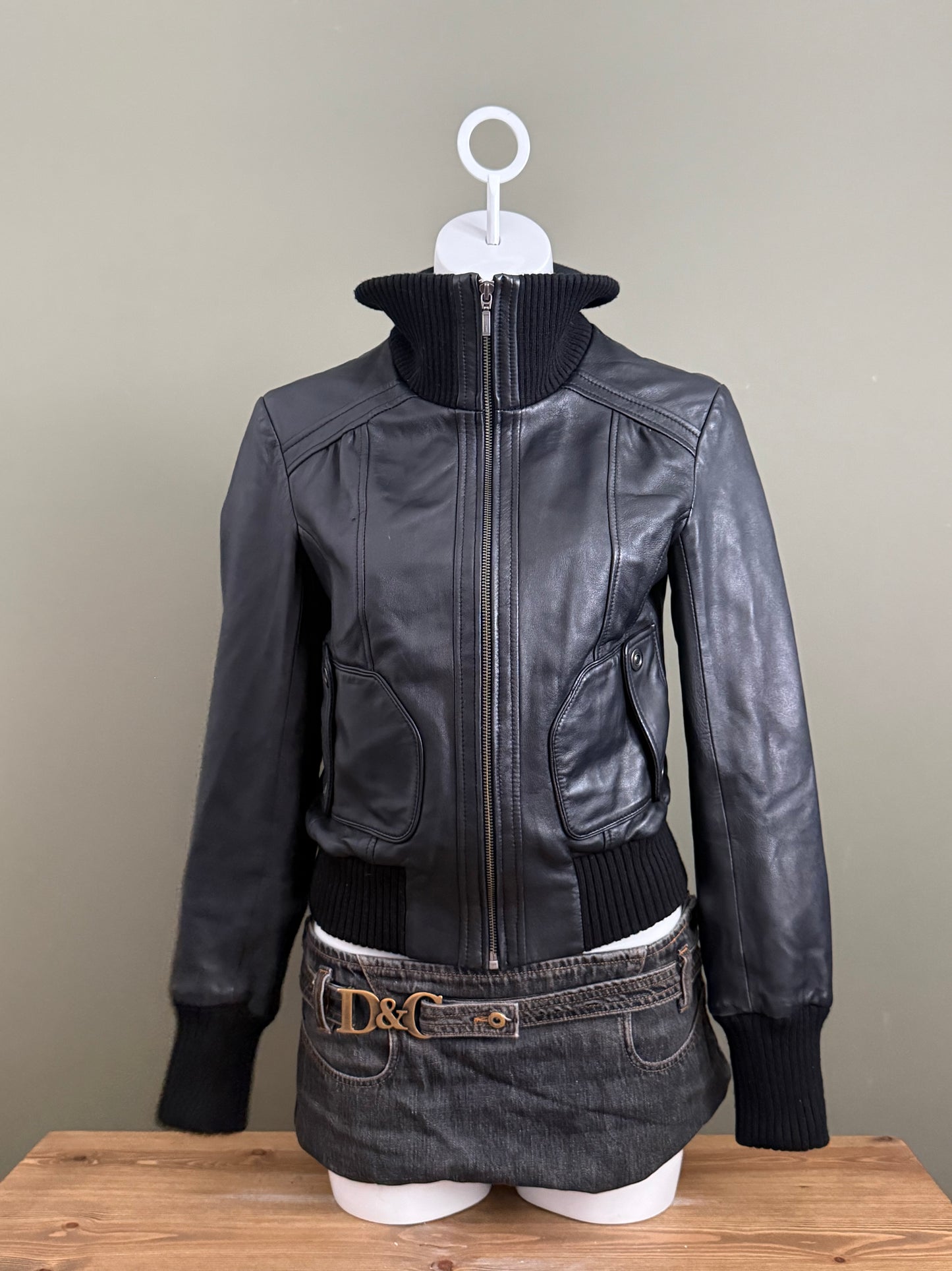 Black Leather Bomber Jacket (UK10)