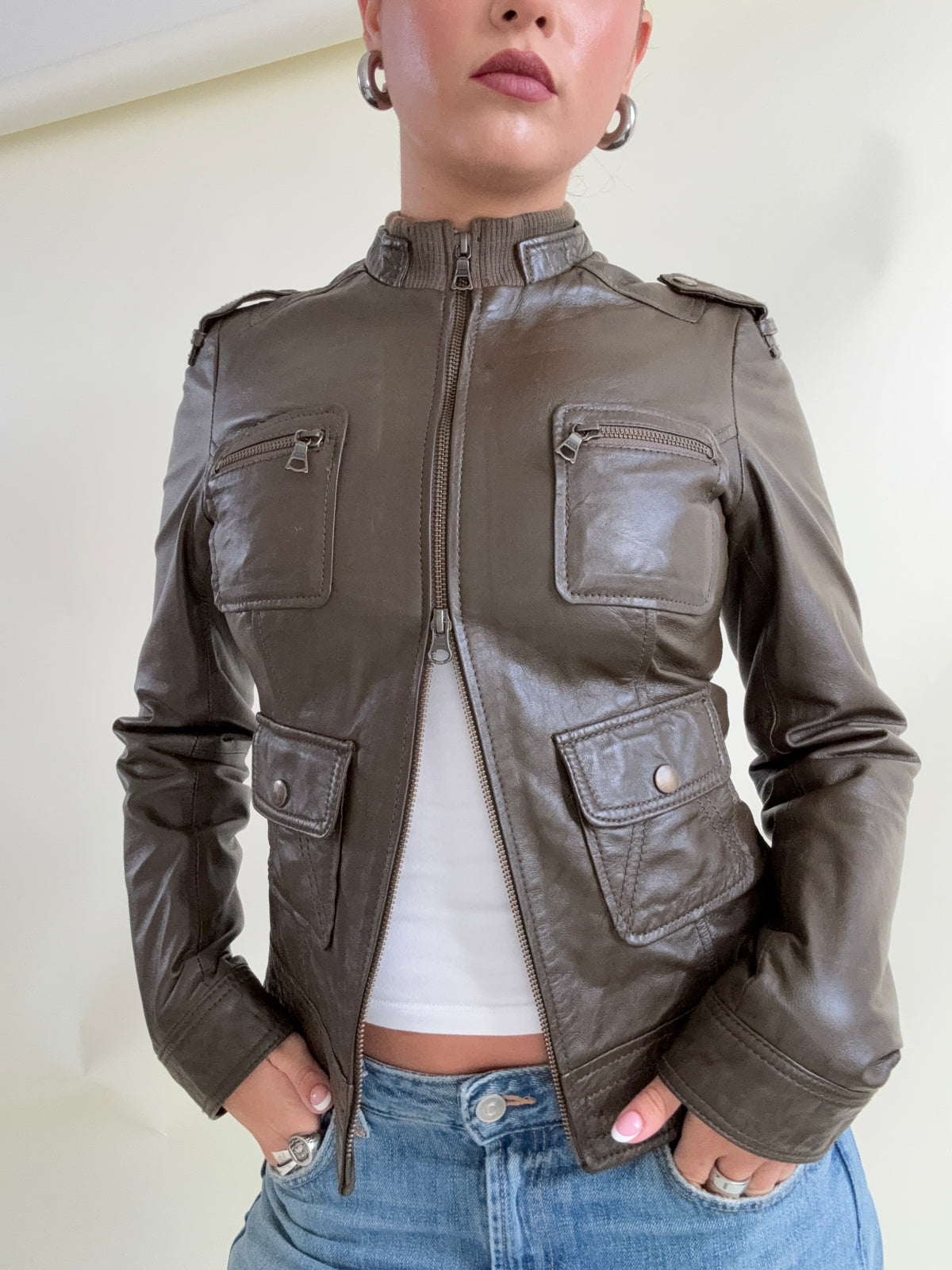 Khaki Leather Cargo Jacket (UK8)
