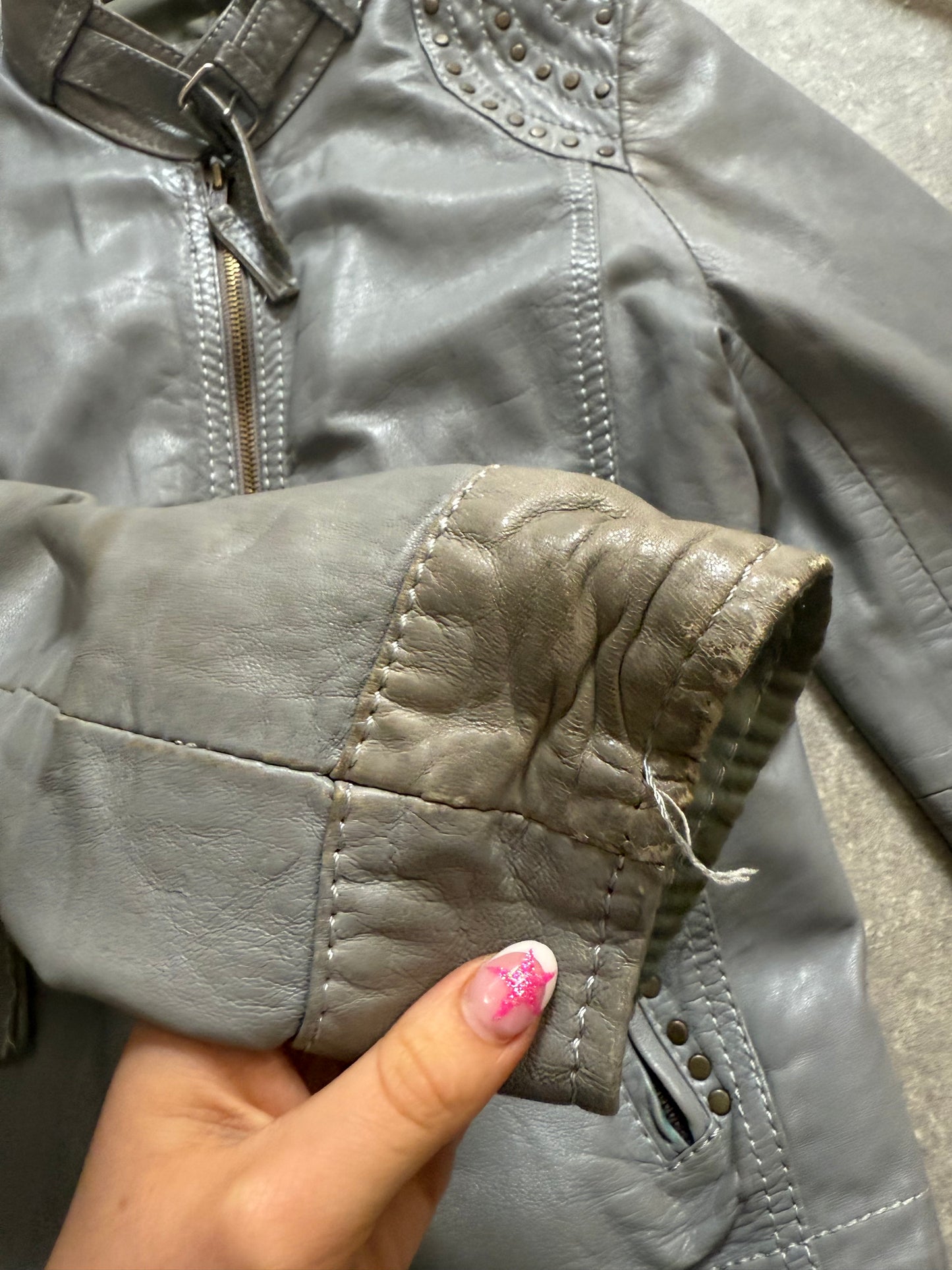 Grey Studded Leather Jacket (S)