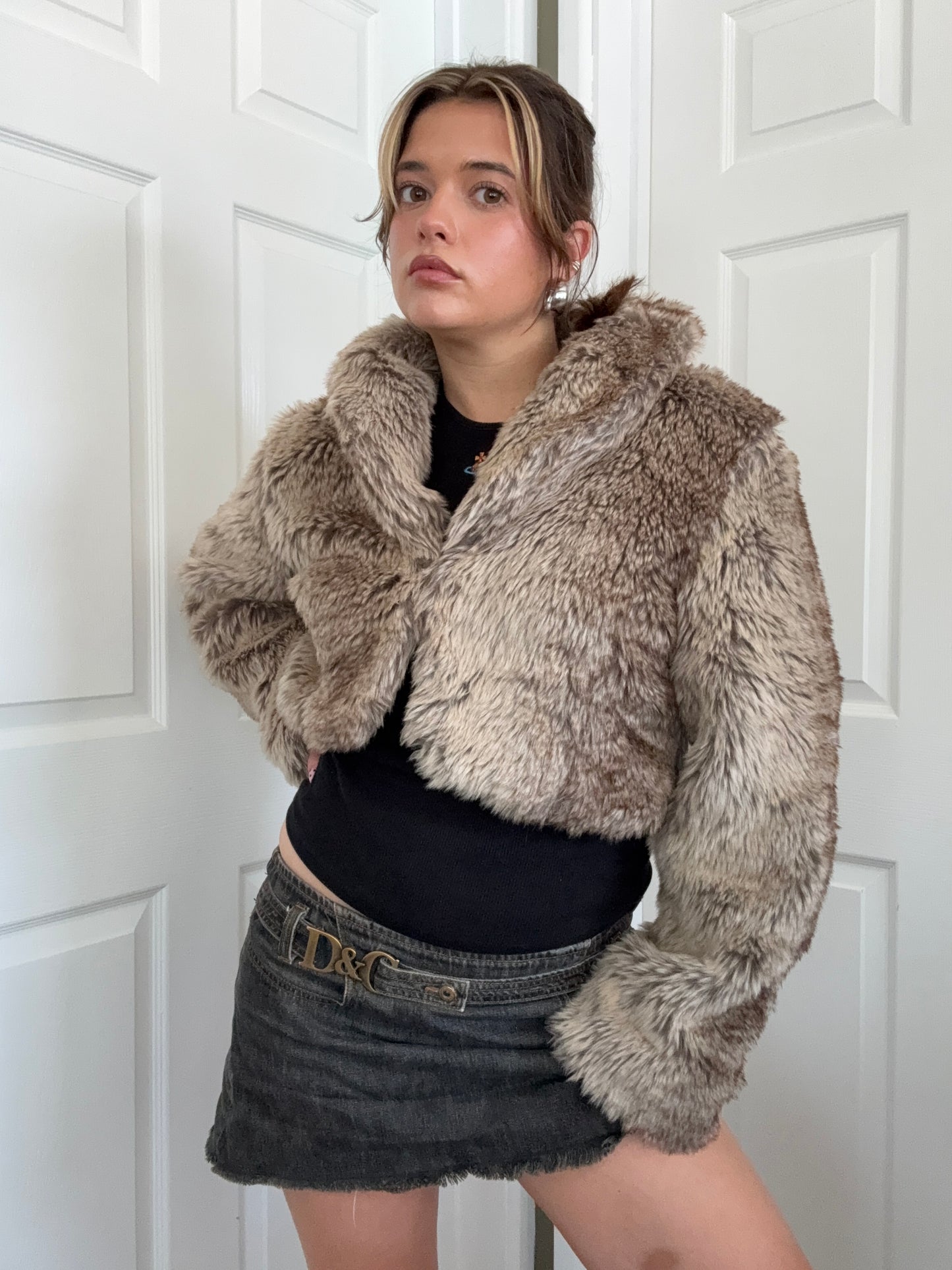 Y2K Faux Fur Cropped Jacket (S)