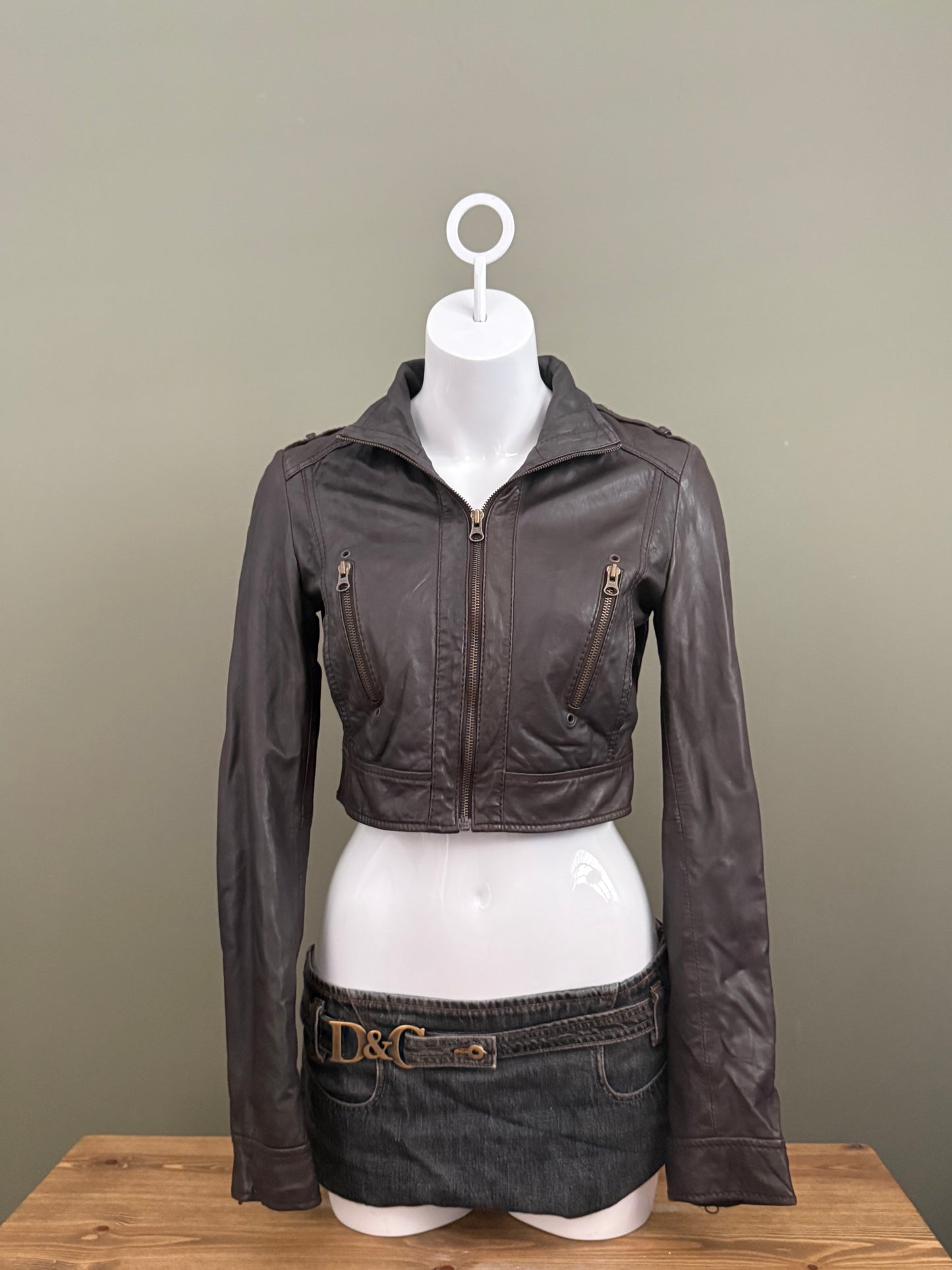 Brown Cropped Leather Jacket (M)