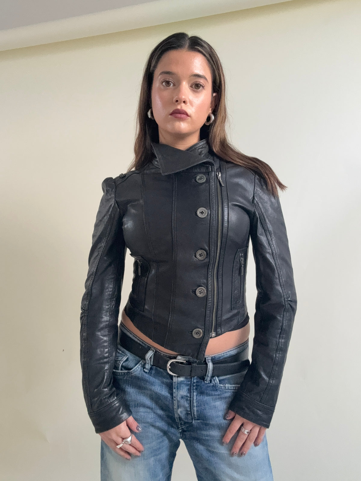 Vintage Asymmetric Leather Button Jacket (XS)