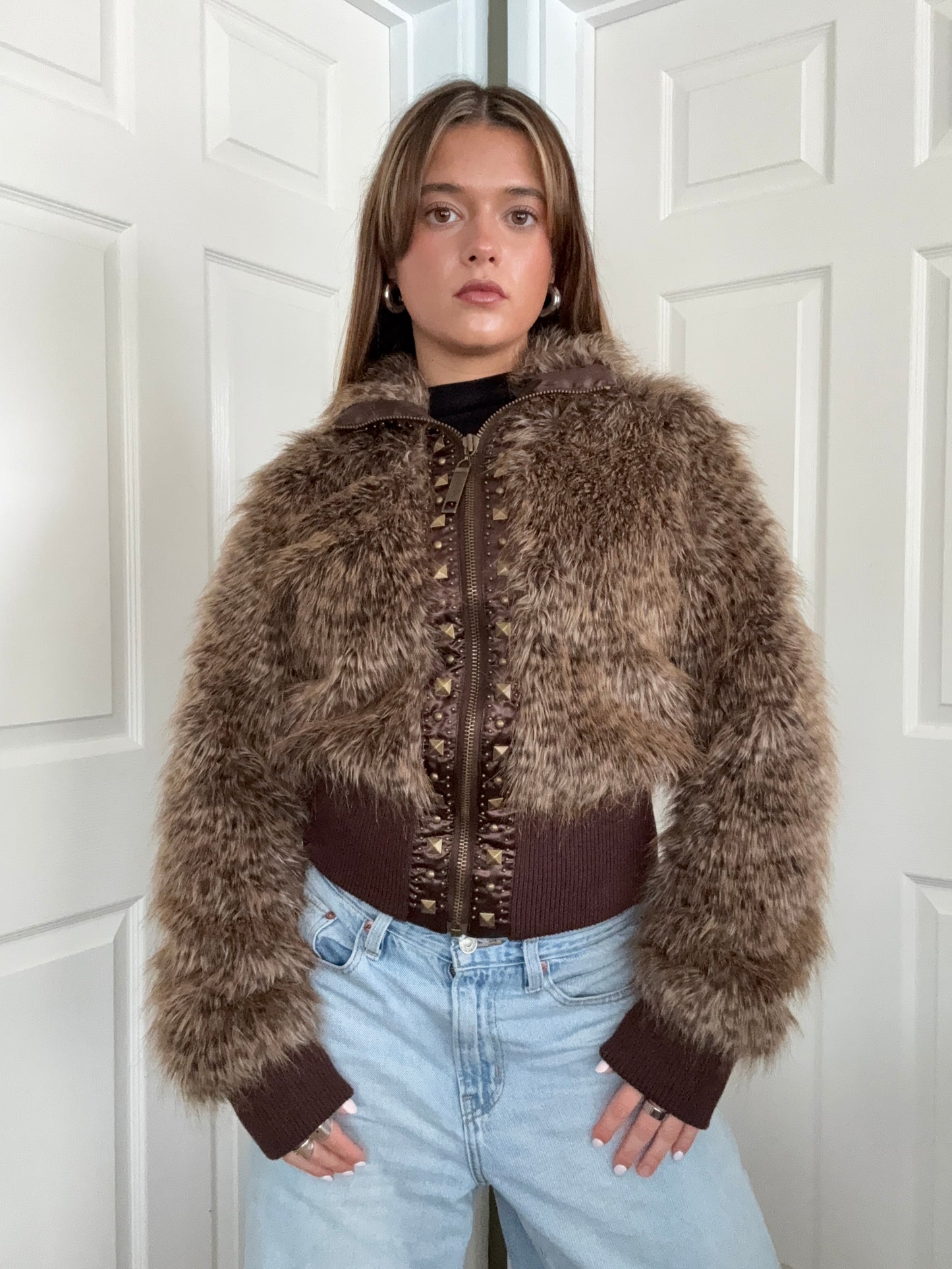 Faux Fur Leopard Bomber Jacket (UK12)