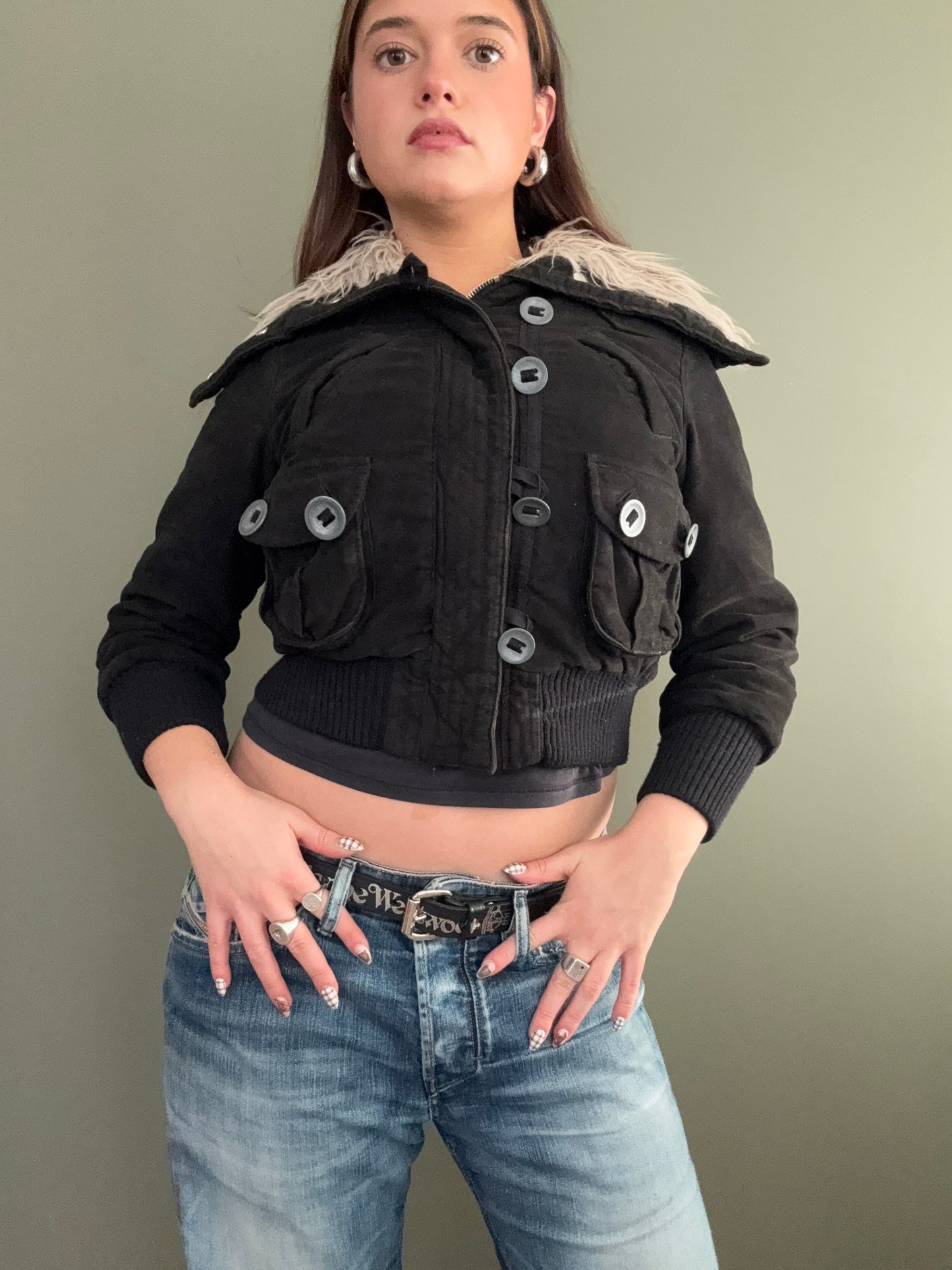 Y2K Cropped Bomber Jacket (XS)