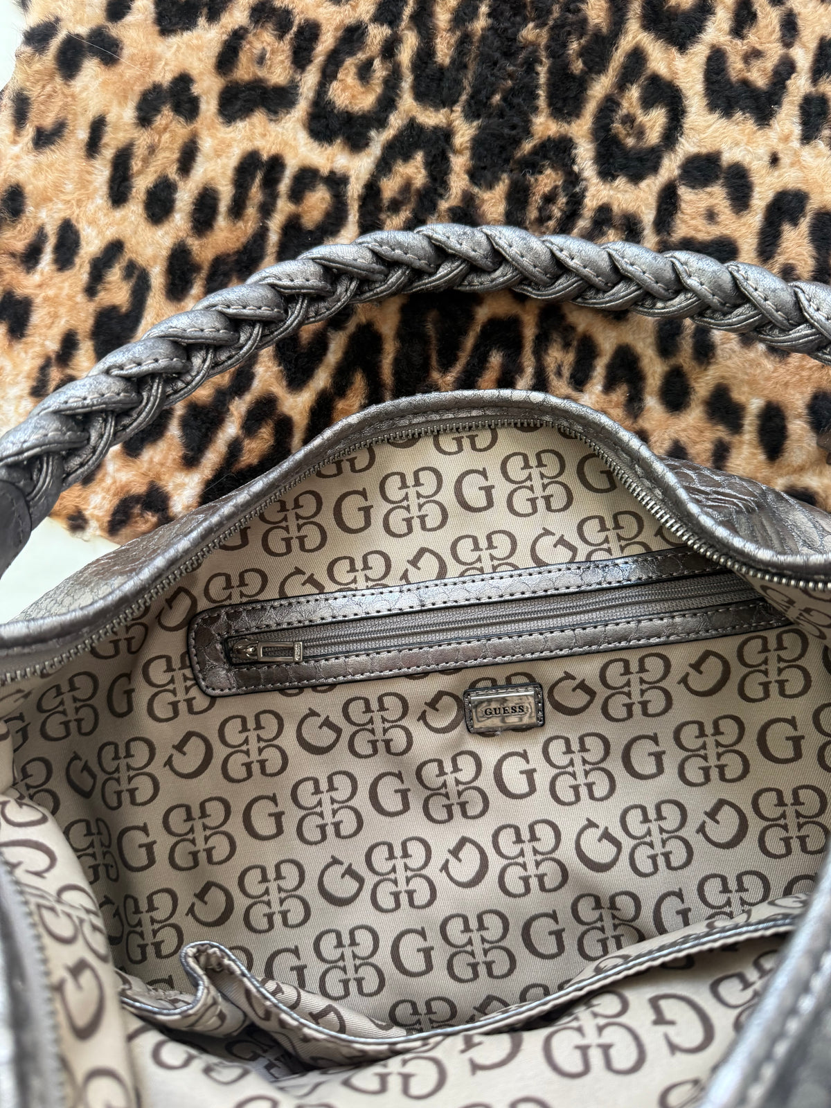 Guess Large Slouchy Metallic Silver Shoulder Bag