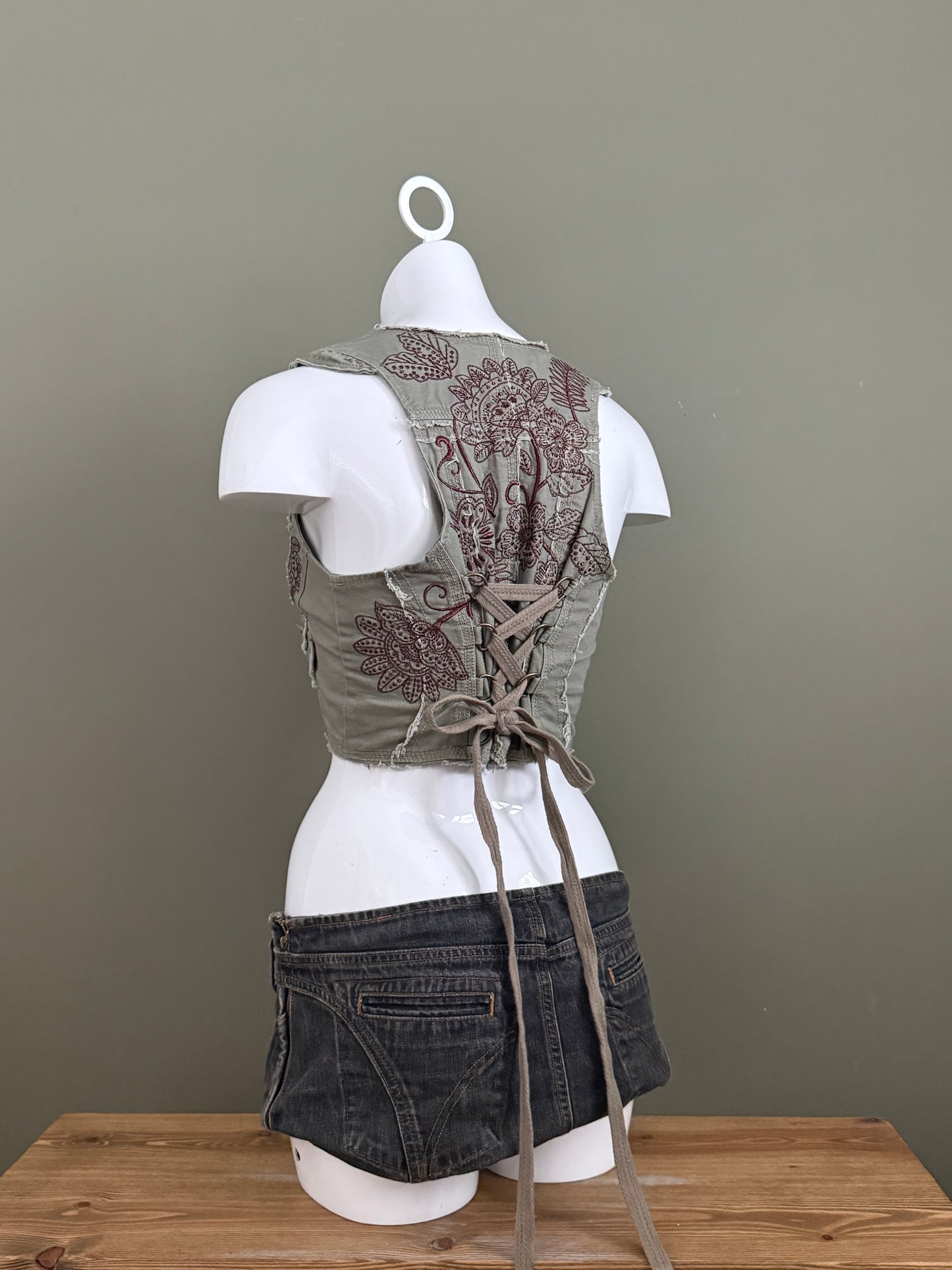 Khaki Cropped Corset Embroidered Waistcoat (UK12)