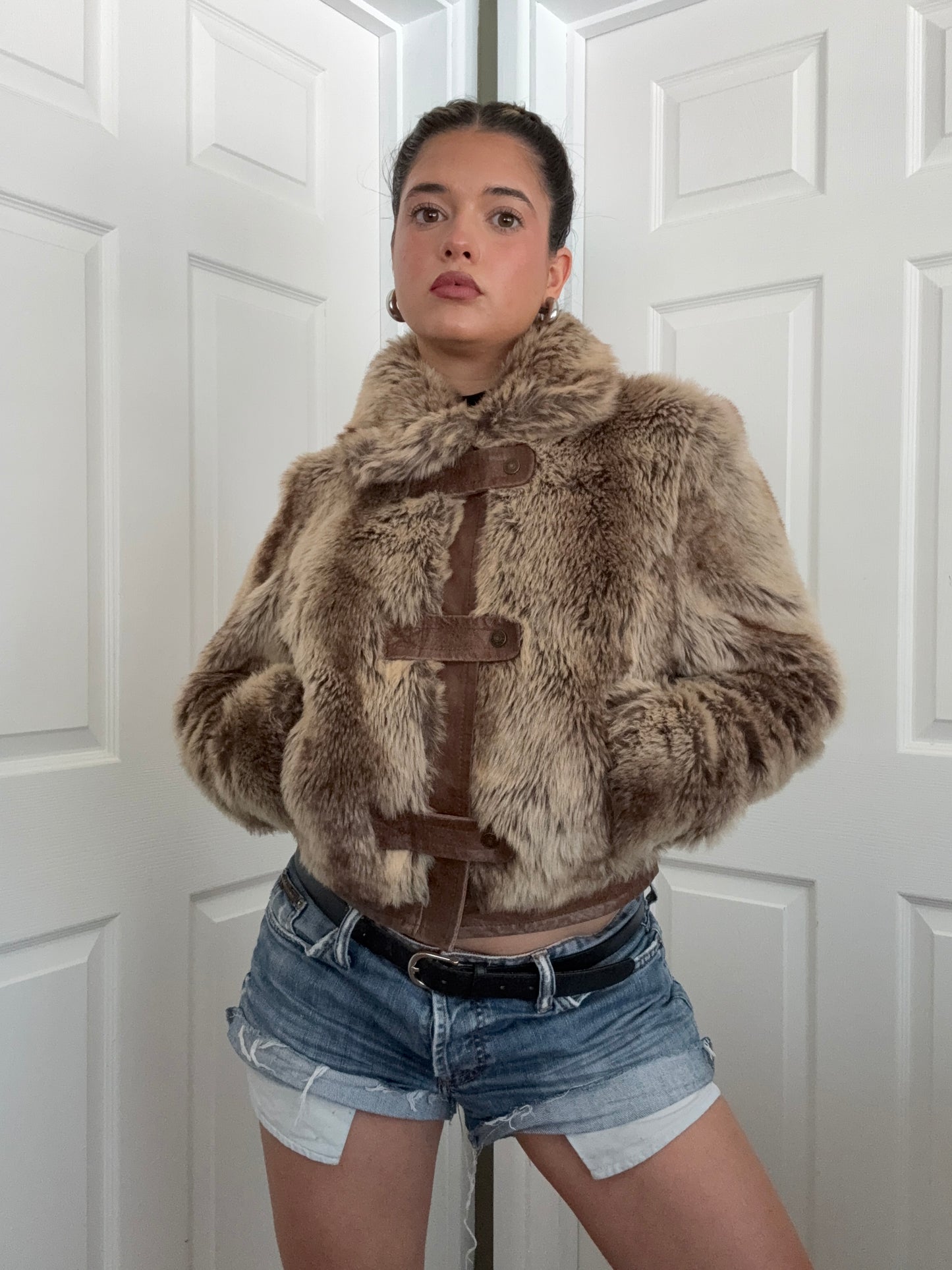 Faux Fur Buckle Bomber Jacket (UK12)