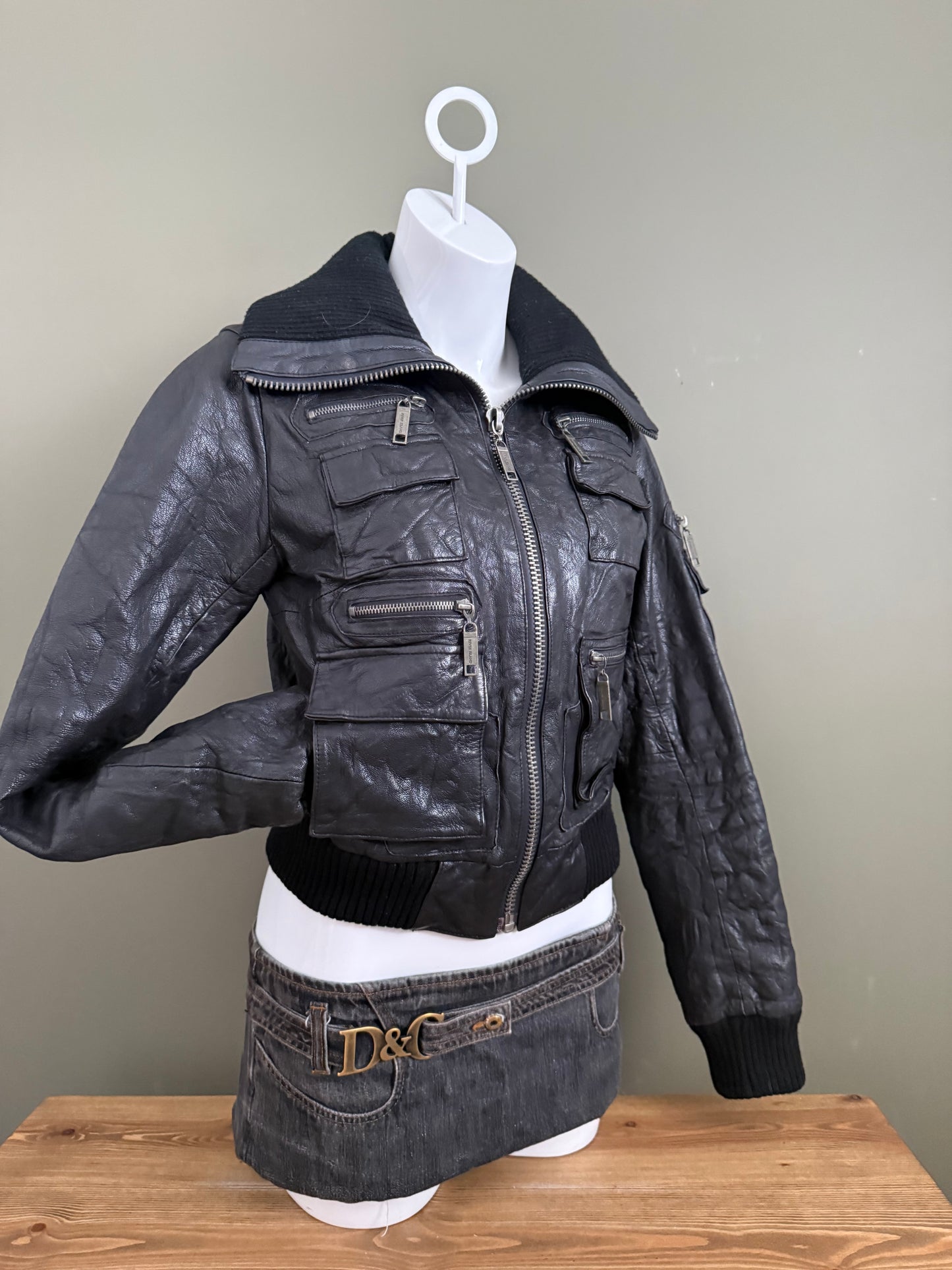 Leather Cargo Bomber Jacket (UK12)