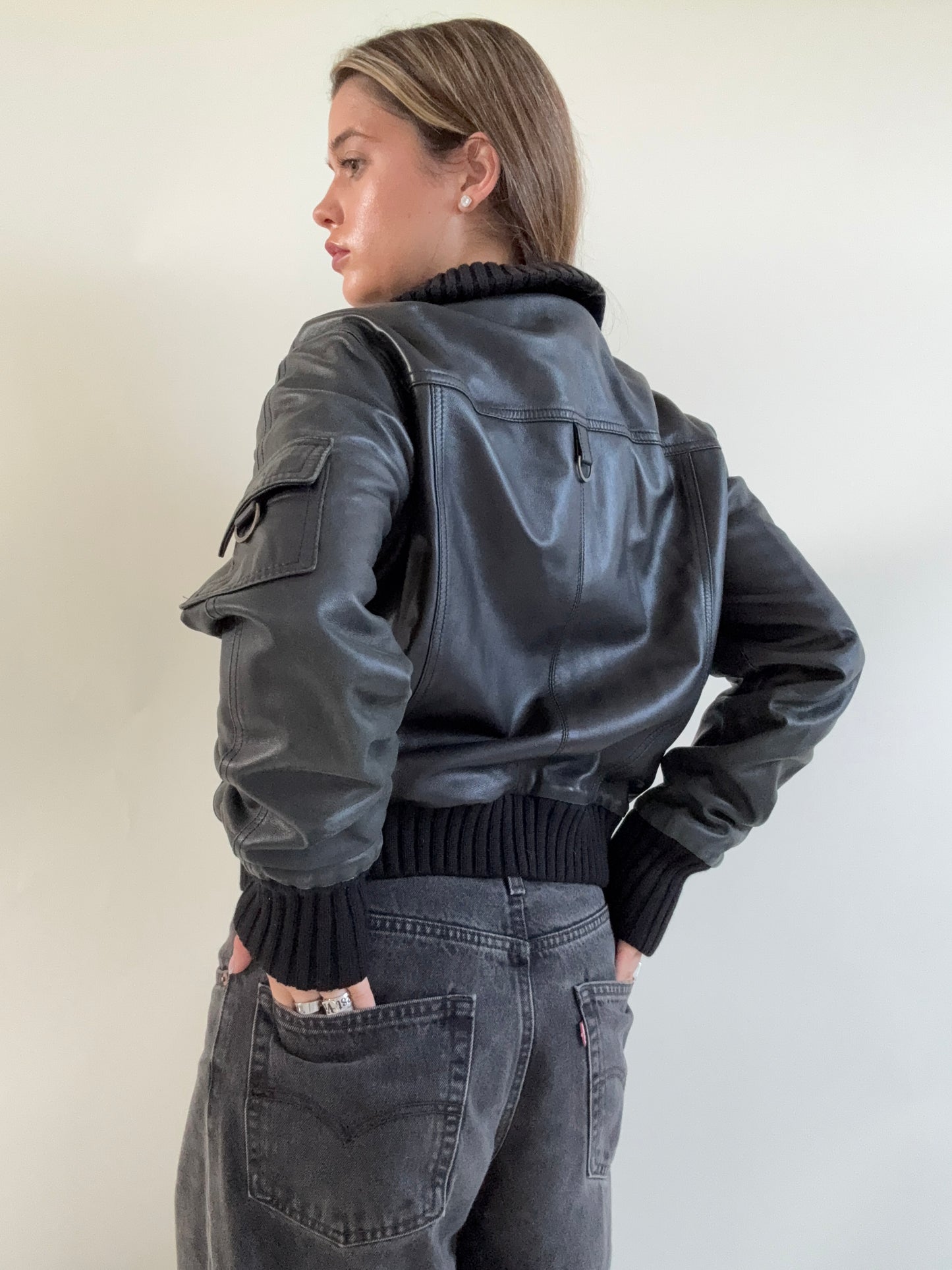 Leather Cargo Bomber Jacket (M)
