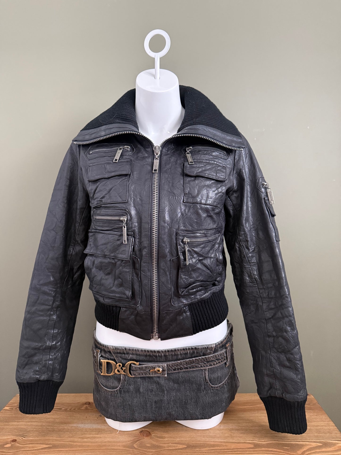 Leather Cargo Bomber Jacket (UK12)