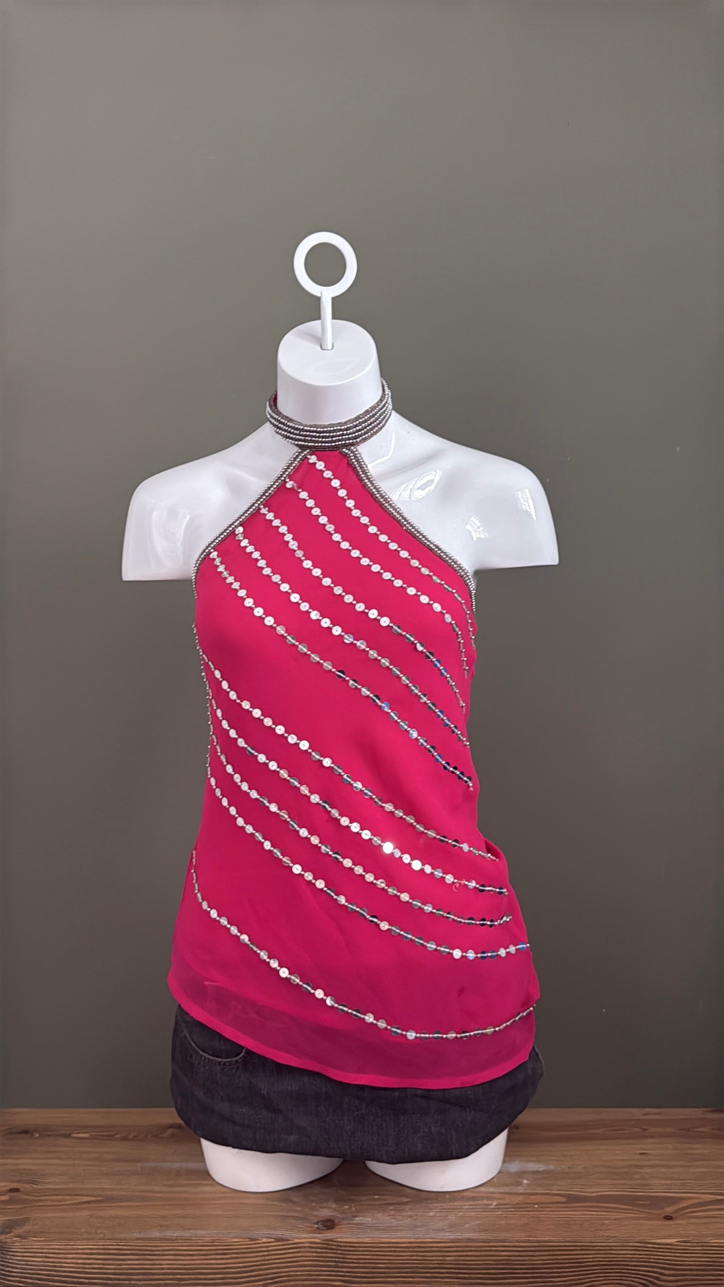 Halterneck Mesh Sequin Top (UK10)