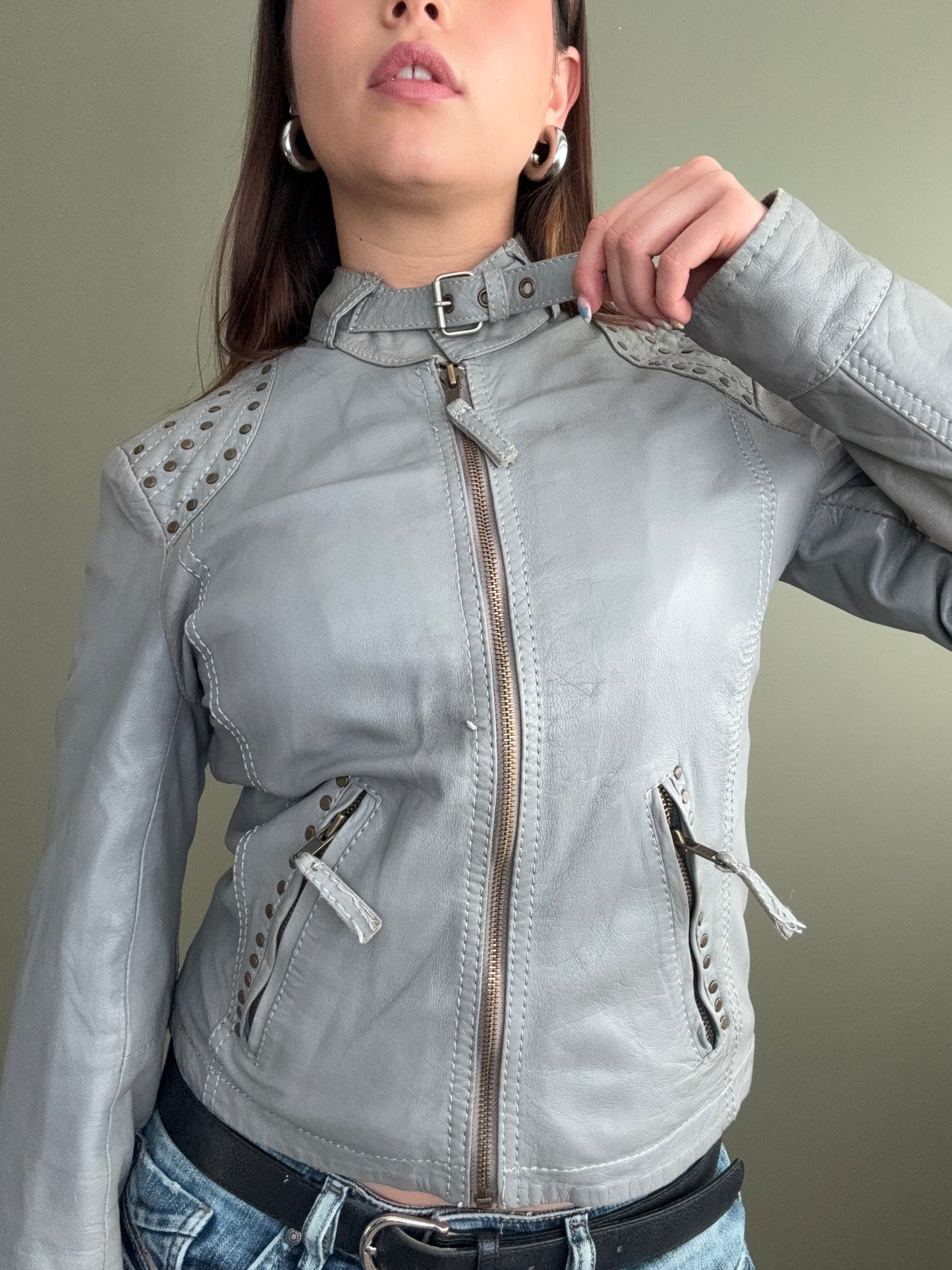 Grey Studded Leather Jacket (S)