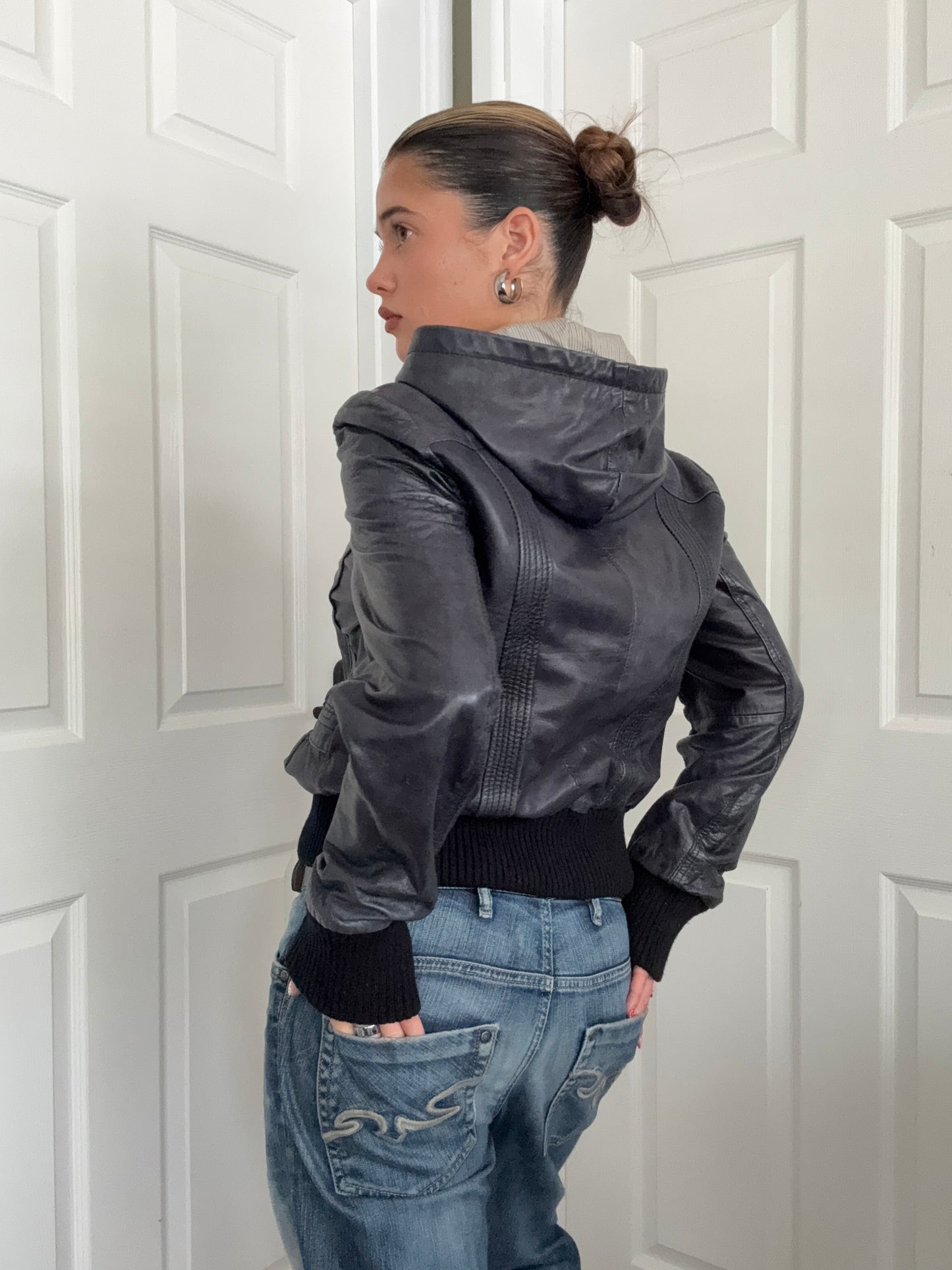 Leather Hooded Bomber Jacket (UK14)