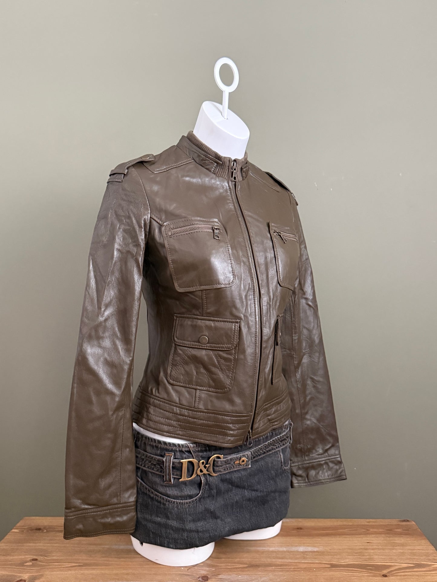 Khaki Cargo Leather Jacket (UK10)
